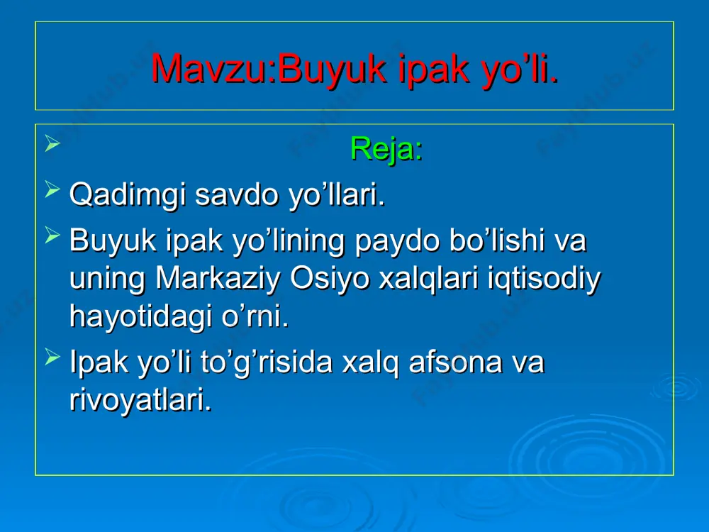 da maxsus bekatlar qurilgan. bu bekatlarda otlar ham mavjud bo’lgan. shoshilinch xabar olib ketayotgan kishi bu bekatlarda otni almashtirishi va xatni boshqa maxsus chaparlarga berishi mumkin bo’lgan. “shoh yo’li”ning bir tarmog’i shimoli-sharqqa yo’naltirilgan bo’lib,marg’iyona va baqtriya hududlari orqali hindistongacha yetib borgan. bekatlar odatda mustahkam istehkom shaklida bo’lib, karvon yo’llarini qo’riqlash vazifasini bajaruvchi kichik harbiy qismlar ham shu yerda joylashtirilgan edi. “shoh yo’li” faoliyati 4 asrning oxirgi choragida aleksandr bosqini tufayli muomaladan chiqadi, buyuk ipak yo’li. o’zbek tilida -buyuk ipak yo'li, rus tilida- вели́кий шёлковый путь. turk tilida - i̇pek yolu tojik tilida -шохрохи абрешим, fransuz tilida -route de la soie. xitoy tilida - 絲綢之路. nemis tilida – die seidenstrabe. qozoq tilida -жібек жолы, belorus tilida -вялікі шаўковы шлях. qirg’iz tilida -улуу жибек жолу, eron tilida- جاده ابریشم‎, arab tilida - طريق الحرير‎‎, hind tilida -रेशम मार्ग) buyuk ipak yo’li buyuk ipak yo’li sian shahri buyuk ipak yo’lida buyuk ipak yo’li …