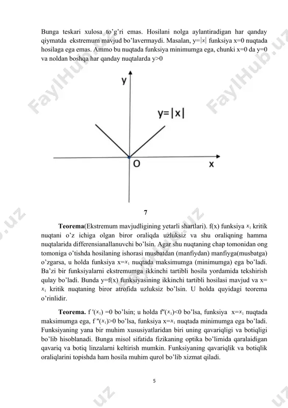 funksiyasining ikkinchi tartibli hosilasi mavjud va x= kritik nuqtaning biror atrofida uzluksiz bo’lsin. u holda quyidagi teorema o’rinlidir. teorema. f '() =0 bo’lsin; u holda f''() 0 bo’lsa, funksiya x= nuqtada minimumga ega bo’ladi. funksiyaning yana bir muhim xususiyatlaridan biri uning qavariqligi va botiqligi bo’lib hisoblanadi. bunga misol sifatida fizikaning optika bo’limida qaralaidigan qavariq va botiq linzalarni keltirish mumkin. funksiyaning qavariqlik va botiqlik oraliqlarini topishda ham hosila muhim qurol bo’lib xizmat qiladi. ta’rif. agar y=f(x) funksiya (𝑎, 𝑏) oraliqda differensianaluvchi va uning grafigi bu oraliqdagihar bir m(x,f(x)) nuqtada o’tkazilgan urinmasidan pastda(yuqorida) joylashgan bo’lsa, u shu oraliqda qavariq (botiq deyiladi). 8 umumiy holda y=f(x) funksiya grafigining qavariqlik va botiqlik oraliqlari uning ikkinchi tartibli hosilasi yordamida quyidagi teorema bilan aniqlanadi. teorema. agar y=f(x) funksiya (a, b) oraliqning har bir nuqtasida ikki marta differensiallanuvchi va barcha x⋲(a, b) nuqtalarda f ''(x)>0 (f ''(x) =1 bo’lganda f ''(x)>0, demakgrafik botiq bo’lgani uchun m(1; -2) …