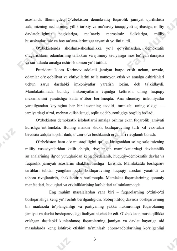 vlat va fuqarolik jamiyati asoslarini shakllanitirishga kirishdi. mamlakatda boshqaruv tartiblari tubdan yangilanmoqda, boshqaruvning huquqiy asoslari yaratildi va tobora rivojlantirib, shakllantirib borilmoqda. mamlakat fuqarolarining qonuniy manfaatlari, huquqlari va erkinliklarining kafolatlari ta’minlanmoqda. eng muhim masalalardan yana biri – fuqarolarning o‘zini-o‘zi boshqarishiga keng yo‘l ochib berilganligidir. sobiq ittifoq davrida boshqaruvning bir markazda to‘planganligi va partiyaning yakka hukmronligi fuqarolaning jamiyat va davlat boshqaruvidagi faoliyatini cheklar edi. o‘zbekiston mustaqillikka erishgan dastlabki kunlardanoq fuqarolarning jamiyat va davlat hayotiga oid masalalarda keng ishtirok etishini ta’minlash chora-tadbirlarining ko‘rilganligi o‘zining ijobiy natijalarini ko‘rsatmoqda. xalqimizda azaldan kengash va mashvarat bilan ish ko‘rilganligi odilona qaror qabul qilish imkonini va eng muhimi xalq, raiyat hukmdorlarning va viloyat noiblarining xatti-harakatlaridan doimo ogoh bo‘lish imkonini bergan. bu o‘z navbatida mamlakatda adolat qaror topishiga zamin xozirlagan. bugungi kunda ham jamiyat va davlat hayotiga oid masalalarning umuxalq muxokamasi (referendum)ga qo‘yilishi xalqimizning tarixiy tajribasining maxsulidir. so‘nggi yillarda respublikamizda sud-huquq tizimining isloh qilinayotganligi mustaqillik yillarida erishilgan eng katta …