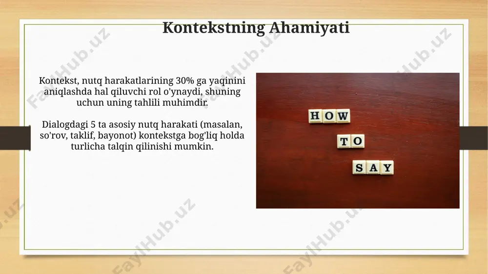 mati orqali baholanadi. direktiv nutq aktlari (buyruq, iltimos, taklif kabi) kontekst va muloqot ishtirokchilarining o'zaro munosabatlariga bog'liq holda turlicha interpretatsiya qilinishi mumkin. xulosa va kelajak tadqiqotlari kelajakdagi tadqiqotlar turli xil ijtimoiy kontekstlardagi, masalan, 50 ta suhbat yozuvlarini tahlil qilish orqali, nutq harakatlarining o'zaro bog'liqligiga e'tibor qaratishi kerak. диалогik nutqdagi maqsadli nutq harakatlarini tahlil qilishda 30 dan ortiq turdagi nutq harakatlarini aniqlash va ularning chastotasini o'rganish kelajak tadqiqotlari uchun muhimdir. e'tiboringiz uchun rahmat @taqdimot_robot image7.jpg image8.jpg image9.jpg image10.jpg image11.jpg image12.jpg image13.jpg image14.jpg image15.jpg image16.jpg image17.jpg image18.jpg image3.png image4.png