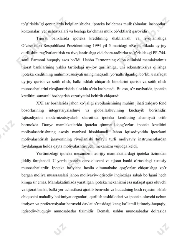 rgan moliya muassasalari jahon moliyaviy-iqtisodiy inqiroziga sabab bo’lgani hech kimga sir emas. mamlakatimizda yaratilgan ipoteka mexanizmi esa nafaqat qarz oluvchi va tijorat banki, balki yer uchastkasi ajratib beruvchi va hududning bosh rejasini ishlab chiquvchi mahalliy hokimiyat organlari, qurilish tashkilotlari va ipoteka oluvchi uchun imtiyoz va preferensiyalar beruvchi davlat o’rtasidagi keng ko’lamli ijtimoiy-huquqiy, iqtisodiy-huquqiy munosabatlar tizimidir. demak, ushbu munosabatlar doirasida ipoteka oluvchi davlatning qo’llab – quvvatlashi va g’amxo’rligini sezib turadi va tasodifan og’ir ahvolga tushib qolishi istisno etiladi. ipoteka krediti oluvchining majburiyat va huquqlari qonunda belgilangan asoslarda va tartibda uning merosxo’rlariga o’tadi. shuningdek, ipoteka krediti oluvchi va masalan, uning farzandi o’rtasidagi kelishuv hamda bank roziligi bilan ipoteka krediti oluvchi o’rniga ipoteka shartnomasiga farzandi kirishi mumkin. demak, ipoteka krediti oluvchi pensiyaga chiqqanda farzandi (tegishli summada barqaror daromadlarga ega bo’lsa) uning huquq va majburiyatlarini qabul qilib, ipoteka krediti oluvchi sifatida rasmiylashtirilishi mumkin. o’zbek oilalaridagi ota-onalar va bolalar o’rtasidagi munosabatlar xarakteridan kelib chiqiladigan bo’lsa, …