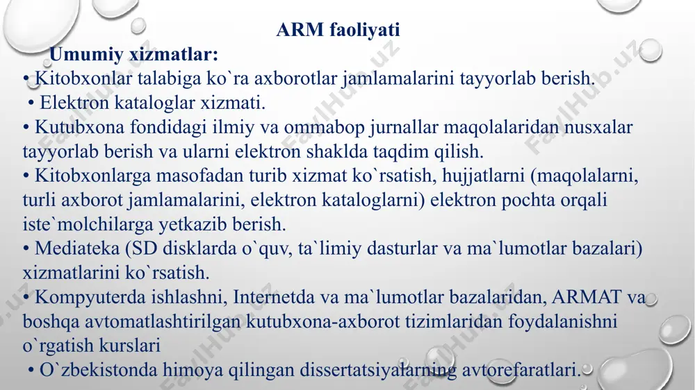 kompyuter 70 ta : markasi aser, - printer 1 ta: markasi canon 3010 -skaner 1 ta: markasi canon 3010 - lokal tarmoq mavjud - internet mavjud - kompyuter sinflarichi mavjud arm bo‘limi xodimlari kitobxonlarga malakali xizmat ko‘rsatdilar. birgina 2021 o`quv yilida 14925 marta kitob aylanmasi amalga oshirildi. arm xodimlari universitet miqyosida o‘tkazilayotgan ilmiy-amaliy anjuman materiallari va oliy atestatsiya komissiyasi blyutenlari bilan murojaat etgan barcha professor- o‘qituvchilar, ilmiy xodimlar, magistr va talabalarga tez va namunali xizmat ko`rsatadilar. armga 1750 nafar kitobxon a’zo etilgan. axborot- resurs markazi. talabalarning o‘z soxasini yetuk mutaxassisi bo‘lib yetishishlarida, ularning dunyoqarashini, bilimi, talabi, va takliflarini inobatga olgan xolda respublijamiz nashriyot uylarida chop etilgan yangi adabiyotlar, ma’ruza –matnlari , qo‘llanma, risola, monografiya va badiiy adabiyotlar bilan axborot –resurs markazi zaxirasini to‘ldirib bormoqda. mart oyida 10 000 000 (o‘n mln so‘mlik ) 600 dona badiiy kitob sotib olindi axborot-resurs markazi 2022 yil uchun vaqtli matbuot nashrlariga obuna qilish ishlarini …