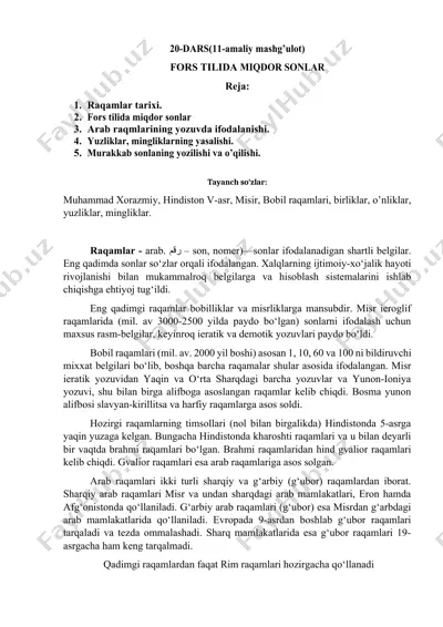 fors tilida miqdor sonlar — DOCX