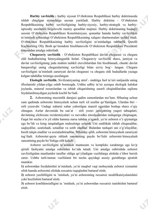 a zararini hech narsa bilan qoplab bo‘lmaydigan ulkan ziyon yetkazishi mumkin. ayniqsa, ommaviy madaniyat degan niqob ostida ahloqiy buzuqlik va zo‘ravonlik, individualizm, egotsentrizm g‘oyalarini tarqatish, kerak bo‘lsa, shuning hisobidan boylik orttirish, boshqa xalqlarning necha ming yillik an’ana va qadriyatlarini, turmush tarzining ma’naviy negizlariga bepisandlik, ulami qo‘porishga qaratilgan xatarli tahdidlar odamni tashvishga solmay qo‘ymaydi. hozirgi vaqtda axloqsizlikni madaniyat deb bilish va aksincha, asl ma’naviy qadriyatlami mensimasdan, eskilik sarqiti deb qarash bilan bog‘liq holatlar bugungi taraqqiyotga, inson hayoti, oila muqaddasligi va yoshlar tarbiyasiga katta xavf solmoqda va ko‘pchilik butun jahonda bamisoli balo-qazodek tarqalib borayotgan bunday xurujlarga qarshi kurashish naqadar muhim ekanini anglab olmoqda. xalqaro xavfsizlik - xalqaro munosabatlar nazariyasida xalqaro xavfsizlik deganda dunyo hamjamiyatining barqarorligini ta’minlovchi xalqaro munosabatlar holati tushuniladi. boshqacha aytganda, xalqaro xavfsizlik - xalqaro munosabatlar subyektlariga urush xavfi yoki suveren hayotiga va mustaqil rivojiga tashqaridan boshqa tajovuz xavfi bo‘lmagan holat. bmt nizomiga binoan, hozirda xalqaro tinchlikni saqlashga asosiy javobgar sifatida …