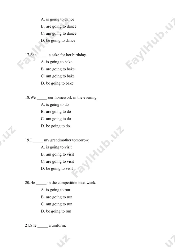 analyze b. analyzes c. analyzing d. analyzed 44. choose the correct verb form: the market ____ every monday morning. a. opens b. open c. opening d. opened 45. choose the correct verb form: the company ____ launch a new product next month. a. will b. will launches c. will launch d. launching 46. select the correct sentence: a. they will not complete the project on time. b. they will not completed the project on time. c. they will doesn’t complete the project on time. d. they will don’t complete the project on time. 47. which word correctly completes the sentence? she ____ a report by the end of the day. a. will write b. will writes c. will wrote d. writing 48. choose the correct question form: ____ they hire new employees next year? a. does b. do c. will d. are answer: c 49. identify the mistake: they will …