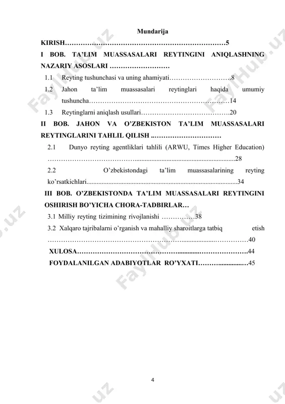 ‘ib qilish yuklatilgan.[footnoteref:1] shu jihatdan, mazkur kurs ishining mavzusi o‘ta dolzarb va o‘z vaqtida tanlangan bo‘lib, unda keltirilgan tahlillar va natijalar amaliyotda qo‘llashga munosib taklif va tavsiyalarni shakllantirishga yordam beradi. har bir sohada reytingni aniqlash uchun maxsus mezonlar va indikatorlar ishlatiladi. ta’lim muassasalarida reyting tushunchasi ularning akademik natijalari, ilmiy tadqiqotlar salohiyati, kadrlar malakasi va boshqa omillar asosida baholanishini bildiradi. [1: oʻzbekiston respublikasi prezidentining “xalq taʼlimini boshqarish tizimini takomillashtirish boʻyicha qoʻshimcha chora-tadbirlar toʻgʻrisida” 2018 yil 5 sentyabrdagi pf-5538 sonli farmoni] tadqiqot maqsadi. ushbu tadqiqotning maqsadi – ta’lim muassasalari reytingini aniqlashda qo‘llaniladigan usullar va mezonlarni tahlil qilish hamda ularning samaradorligini baholashdir. tadqiqot davomida reytingni aniqlash jarayonida qo‘llaniladigan asosiy indikatorlar, ularning ta’lim sifati va natijadorligiga ta’siri o‘rganiladi. shu bilan birga, tadqiqotning yana bir maqsadi – ta’lim muassasalarining reytingini oshirish uchun samarali strategiyalarni aniqlash va tavsiyalar ishlab chiqishdan iborat. bu orqali mamlakatimizdagi ta’lim tizimini takomillashtirish, o‘quvchilar va ota-onalar uchun yanada aniqroq va ishonchli ma’lumotlar …