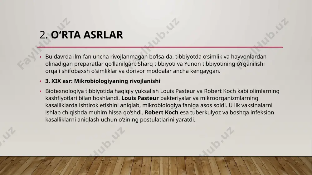 qimalarni qayta tiklash mumkin. bu texnologiya nerv hujayralarini, mushak to‘qimalarini yoki hatto yurak mushaklarini qayta tiklashga imkon beradi. organlarni yetishtirish: sun'iy bioreaktorlar yordamida organlarni laboratoriya sharoitida yetishtirish texnologiyasi rivojlanmoqda. bu kelajakda organ transplantatsiyasiga bo‘lgan ehtiyojni kamaytirishi mumkin. 4. diagnostik vositalar biotexnologiya orqali yangi, aniq va tezkor diagnostika vositalari ishlab chiqilmoqda. misol sifatida dnk sekvensiyalash texnologiyalari orqali irsiy kasalliklarni aniqlash yoki onkologik kasalliklarning erta bosqichda aniqlanishi keltiriladi. likvid biopsiyalar — bu o‘simta hujayralari dnk siydik yoki qon orqali aniqlanadigan diagnostika usuli. bu jarayon o‘simtalarni erta bosqichlarda topish imkonini beradi. 5. farmatsevtika va biotibbiyot asbob-uskunalari tibbiyot biotexnologiyasi farmatsevtika kompaniyalarida yangi dori-darmonlarni ishlab chiqish va klinik sinovlarda qo‘llaniladi. biotexnologiyalar yordamida ishlab chiqarilgan dori-darmonlar o‘zining yuqori samaradorligi bilan ajralib turadi. nanotexnologiyalar orqali hujayra ichidagi muammolarni hal qilish va dori-darmonlarni aniq ta’sir ko‘rsatadigan joylarga yetkazib berish imkoniyati mavjud. 6. bioinformatika bioinformatika genetik ma'lumotlar va biologik ma'lumotlar bilan ishlash uchun kompyuter texnologiyalarini qo‘llaydi. u genetik ma'lumotlarni …