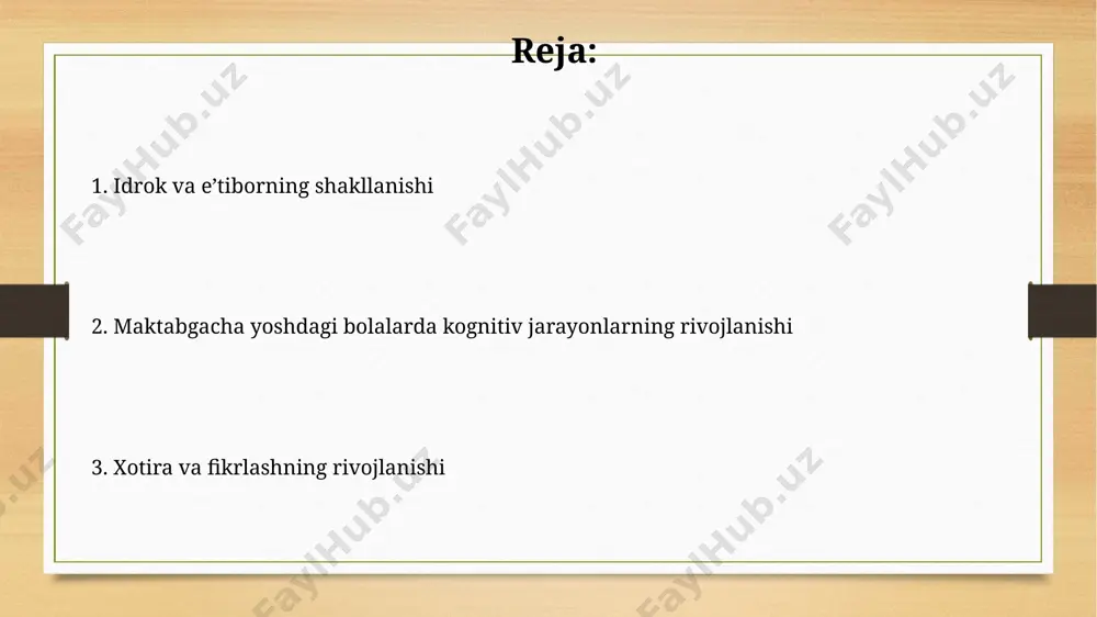 5-6 марта такрорланган маълумот 4-5 ёшли болалар томонидан яхшироқ эслаб қолинади. бу эса такрорий ўрганишнинг самарадорлигини кўрсатади. 3-4 ёшли болаларда эътиборнинг ўртача давомийлиги 7-10 дақиқагача етади, аммо бу рақам ўйин ёки бошқа қизиқарли фаолият билан ошиши мумкин. шунингдек, ихтиёрий эътиборнинг ривожланиши кузатилади. e'tiboringiz uchun rahmat @taqdimot_robot image7.jpg image8.jpg image9.jpg image10.jpg image11.jpg image3.png image4.png