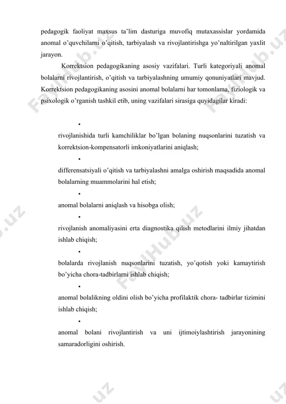 ish yoki ko’rish qobiliyatini yo’qotish vaqti alohida ahamiyatga ega. anomal bolaning rivojlanishi normal boladan ko’ra ko’proq darajada o’qitishga bog’liq. shuning uchun anomal bolalar o’qitilmasa yoki o’qitish kech boshlansa uning rivojlanishiga jiddiy zarar etkaziladi. psixik funktsiyalarning shakllanishi ortda qoladi, normal tengdoshlaridan ortda qolishi darajasi oshadi, nuqsonlar o’ta jiddiy bo’lsa aqliy rivojlanishi imkoniyatlari yuzaga chiqmay qolishi mumkin. maxsus didaktikaning markaziy muammosi mehnat ta’limi va tarbiyasini tashkil etish masalasi hisoblanadi. maxsus maktablarda uni tashkil etish alohida ahamiyatga ega. binobarin, ushbu jarayonda o’quvchilar ijtimoiy hayot, shuningdek, imkoniyat darajasida kasbiy faoliyatga tayyorlash buzilgan funktsiyalarini tiklash, shuningdek, aqliy va jismoniy rivojlanish nuqsonlarining darajasini pasaytirishga yordam beradi. anomal bolalarni tarbiyalash — korrektsion pedagogikaning asosiy tushunchasi bo’lib, uning maqsad va vazifasi nuqsonning darajasi va tuzilishiga mos keladigan metod hamda vositalar yordamida anomal bolalarni faol ijtimoiy hayot va mehnatga tayyorlash, ularda fuqarolik sifatlarini shakllantirishdan iborat. anomal bolalarni tarbiyalash oila va ta’lim muassasasi o’rtasidagi yaqin aloqa, bir-birlarifii qo’llab- quvvatlash, bir-biriga …