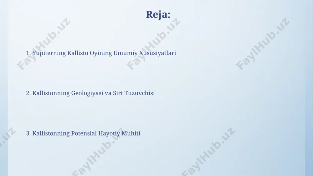 da. hayotning imkoniyati kallistoda suv muz shaklida 200 kilometr chuqurlikdagi yer osti okeanlarida mavjud boʻlishi mumkin, bu esa yer sayyorasidagi suv miqdoridan koʻp boʻlishi mumkin. kallisto yuzasidagi kraterlarning soni va hajmi, milliard yillar davomida asteroid va kometlar ta'siriga chidamlilikni ko'rsatadi va bu potentsial hayot uchun muhim omil hisoblanadi. kallisoning iqlimi kallisto yuzasidagi kraterlarning zichligi taxminan 1 milliard yildan ortiq vaqt davomida asteroid va kometlarning doimiy bombardimon qilinishi natijasida hosil bo'lgan, bu esa quyosh sistemasining dastlabki davrlarini aks ettiradi. kallistoning diametri taxminan 4800 kilometr bo'lib, bu merkuriy sayyorasidan biroz kattaroqdir va u o'zining ichki tuzilishi jihatidan yerning oyiga o'xshashdir. yuzasining geologiyasi kalliston yuzasidagi tekisliklarning mavjudligi, muz vulkanizmining yoki kriptovulkanik jarayonlarning natijasi bo'lishi mumkinligi haqidagi gipotezalar mavjud. bu jarayonlar, taxminan 1 milliard yil oldin, sirt geomorfologiyasiga ta'sir ko'rsatgan bo'lishi mumkin. kallistoning yuzasi, taxminan 4 milliard yil avval shakllangan, juda qadimgi kraterlar bilan qoplangan bo'lib, bu uning geologik faolligi pastligini ko'rsatadi. kraterlarning zichligi, …