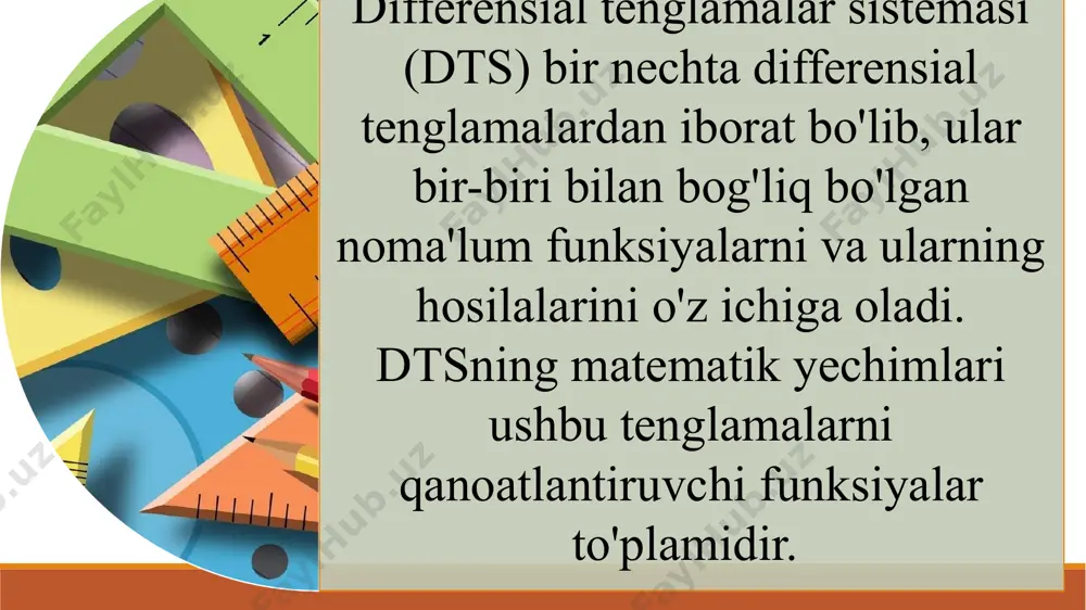 larda o'zgaruvchilar yoki ularning hosilalari bir xil darajaga ega bo'ladi . misol : 4. chiziqsiz differensial tenglama — bu tenglama o'zgaruvchilar yoki ularning hosilalari chiziqli bo'lmagan tarzda ishtirok etadigan tenglamadir . misol : bu yerda y va uning hosilasi chiziqsiz tarzda bog'lanadi . 3. chiziqli differensial tenglama — bu tenglama , o'zgaruvchilar va ularning hosilalari chiziqli kombinatsiyasidan iborat bo'ladi . yani , bu turdagi tenglamalarda o'zgaruvchilar yoki ularning hosilalari bir xil darajaga ega bo'ladi . misol : 4. chiziqsiz differensial tenglama — bu tenglama o'zgaruvchilar yoki ularning hosilalari chiziqli bo'lmagan tarzda ishtirok etadigan tenglamadir . misol : bu yerda y va uning hosilasi chiziqsiz tarzda bog'lanadi . differensial tenglamalar sistemasi (dts) bir nechta differensial tenglamalardan iborat bo'lib, ular bir-biri bilan bog'liq bo'lgan noma'lum funksiyalarni va ularning hosilalarini o'z ichiga oladi. dtsning matematik yechimlari ushbu tenglamalarni qanoatlantiruvchi funksiyalar to'plamidir. differensial tenglamalar sistemasi (dts) bir nechta differensial tenglamalardan iborat bo'lib, ular bir-biri …