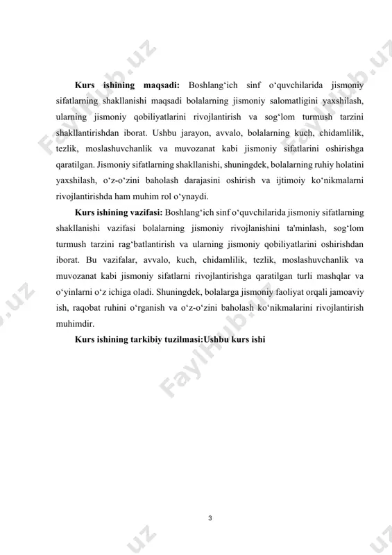 ni kamaytirish va umumiy jismoniy tayyorgarlikni oshirishda yordam beradi. har qanday sport turida kuchning ahamiyati turlicha bo'lishi mumkin: masalan, yengil atletikada kuchning tezligi, kuch sportlarida esa kuchning o'zi ko'proq ahamiyatga ega. shuning uchun jismoniy tarbiya va sport mashg'ulotlarida kuchni oshirishga qaratilgan treninglar muhim ahamiyatga ega. chidamlilik — bu organizmning uzoq vaqt davomida jismoniy yuklarni qabul qilish qobiliyatidir. chidamlilik, shuningdek, sportchilar uchun zaruriy sifat bo'lib, ularning uzoq masofalarda yaxshiroq natijalarga erishishlariga yordam beradi. uzoq vaqt davomida faoliyat yuritish qobiliyati, masalan, marafon yugurishda, velosipedda yurishda yoki suzishda juda muhimdir. chidamlilikni oshirish uchun muntazam mashg'ulotlar va turli xil jismoniy faoliyat turlari bilan shug'ullanish zarur. shuningdek, yaxshi chidamlilik umumiy salomatlikni yaxshilash va stressli vaziyatlarda o'zini yaxshi his qilish imkonini beradi. tezlik — harakatning bajarilish tezligini anglatadi. tezlik sportda muhim ahamiyatga ega, chunki ko'plab sport turlarida muvaffaqiyat tezlikka bog'liq. tezlikni oshirish orqali sportchilar raqobatlashish qobiliyatini oshiradilar va o'z maqsadlariga erishish imkoniyatini yaxshilaydilar. tezlikni rivojlantirish uchun …