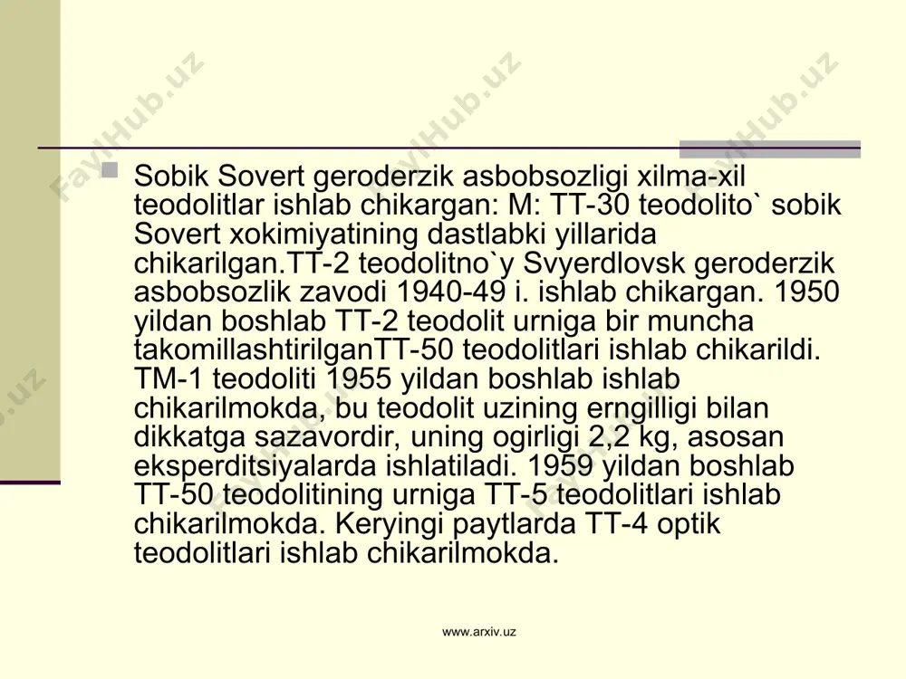 .arxiv.uz vyernyerlardan olingan sanoklar ustiga burchak ulchayotganda virtikal doyra trubaga nisbatan kaysi tomonda bulsa ,usha tomon, ya'ni doyra ung (r) yoki doyra chap ( l ) derb yozib kuyiladi. chizmada doyra ung tomonda bulganligi uchun r derb yozilgan. 2.alidadaning maxkamlagich vintini bushatib trubani a-nuqtaga tomon buriladi v a trubadan a- nuqtadagi verxa kuringach , alidada va truba maxkamlanadi. yunaltirgich vintlar yordamida iplar sertkasining kersishgan nuqtasini verxa tagiga tugirlanadi va yukoridagi kabi xar ikkala vyeryerdan sanok olib, uni jurnalning 3 va 4 - grafalariga a-nuqtaning karshisiga yoziladi. m: birinchi vyernyerlardan olingan sanok 94° 521, ikkinchi vyernyerdan olingan sanok 521. www.arxiv.uz www.arxiv.uz 3. vyernyerlardan olingan sanoklarning urta arifmertik mikdori chikarilib, u jurnalning 5-grafasiga yoziladi. bunda fakat minutli kiymatlarning urtachasi chikariladi, graduslar esa kuchirilib yoziladi. m: s-nuqtaga karab birinchi vyernyerdan olingan sanok 168° 261, ikkinchi vyernyerdan olingan sanok 271. shunda urtacha sanok 168° 261 3011 bo’ladi. 4. ung tomondagi nuqtaga karab olingan urtacha …