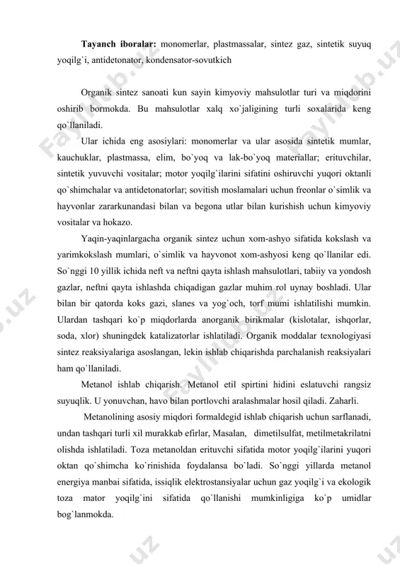 kab efirlar, masalan, dimetilsulfat, metilmetakrilatni olishda ishlatiladi. toza metanoldan erituvchi sifatida motor yoqilg`ilarini yuqori oktan qo`shimcha ko`rinishida foydalansa bo`ladi. so`nggi yillarda metanol energiya manbai sifatida, issiqlik elektrostansiyalar uchun gaz yoqilg`i va ekologik toza mator yoqilg`ini sifatida qo`llanishi mumkinligiga ko`p umidlar bog`lanmokda. so bilan n2 ning aralashmasi sanoatda sintez - gaz deb nomlanadi va o`z navbatida tabiiy gazlardan hosil qilinadi. metanol sintezi quyidagi tenglamalar bilan ifodalangan qaytar reaksiyalariga asoslangan: co+2h2ch3oh ∆h= -90,8 kj (1) co2+3h2ch3oh +h2o ∆h= -49,6 kj (2) yuqorida keltirilgan (1) va (2) reaksiyalar ekzotermik va hajm kamayishi bilan ketadi. bundan shunday xulosa chiqadiki metanolni chiqishi (unumi) maksimal kiymatlarga erishishi uchun jarayon past haroratlarda va yuqori bosimlarda borishi kerak. lekin jarayonni tezligini oshirish uchun haroratni ko`tarish maksadga muvofikdir. eng qulay sharoit tanlangan vaqtda shuni ham nazarda tutish kerakki metanol bilan birga qator qo`shimcha birikmalar hosil bo`lishi mumkin: co+3h2dch4+h2o co2+4h2dch4+2h2o nco+(2n+1)h2dcnh2n+2+nh2o nco+2nh2dcnh2noh+(n-1)h2o 2co+4h2d(ch3)o+h2o 2codco2+c bu reaksiyalarning borishi sintez-gazning befoyda sarflanishi …