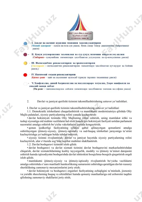 ddiy ravishda oshirildi. oliy o‘quv yurtidan keyingi ta’lim tizimi xalqaro standartlarga muvofiqlashtirildi. millatlararo tinchlik va totuvlikni, puxta o‘ylangan va o‘zaro manfaatli tashqi siyosat amalga oshirilishini ta’minlash bo‘yicha chora-tadbirlarko‘rilganligi natijasida qo‘shni davlatlar bilan ishonchli munosabatlar yo‘lga qo‘yildi, markaziy osiyo hududida savdo-iqtisodiy, madaniy-gumanitar aloqalarni rivojlantirish uchun qulay sharoitlar yaratildi. faqat o‘tgan yilda 21 ta oliy darajadagi tashrif amalga oshirildi, 60 ta davlat va xalqaro tashkilotlar rahbarlari bilan uchrashuvlar o‘tkazildi, 400 dan ortiq kelishuvlarga erishildi, 60 milliard aqsh dollaridan ortiq qiymatdagi bitimlar imzolandi. shu bilan birga, xalq bilan to‘g‘ridan-to‘g‘ri muloqot yakunlari hamda davlat va jamiyat hayotining barcha sohalarida o‘tkazilgan ishlarning tanqidiy tahlili aholi farovonligining real o‘sishiga va joylarda ishlar holatining tubdan yaxshilanishiga to‘sqinlik qiluvchi qator muammolarni ko‘rsatib berdi. harakatlar strategiyasi ijrosini ta’minlash yuzasidan, shuningdek, o‘zbekiston respublikasi prezidentining 2017-yil 22-dekabrdagi oliy majlisga murojaatnomasida belgilangan vazifalarni amalga oshirish maqsadida: 1. quyidagilarni nazarda tutuvchi 2017-2021-yillarda o‘zbekiston respublikasini rivojlantirishning beshta ustuvor yo‘nalishi bo‘yicha harakatlar strategiyasini “faol tadbirkorlik, …