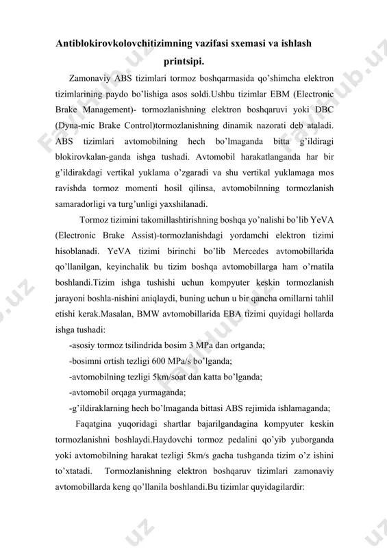 ; · ishlashning shovqinsizligi; · gidravlik tizimnig yo’qligi; · konstruktsiyaning ixchamligi · mukammalroq bo’lgan tizimlarning (abs, yesr, tss, yeva, yevd) ishlashini ta’minlanishi va boshqalar. foydalaniladigan adabiyotlar: 1. m.n. muminova, m.a. maksumova «kasbiy etika va etiket», uslubiy qo’llanma, t.,2006. 2. i. a. karimov «istiqlol va ma’naviyat» t.,1994. 3. i. a. karimov «o’zbekiston buyuk kelajak sari» t.,1998. 4. n. e. muhammadiyev «kasb etikasi va estetik madaniyati»- toshkent,1998 y. 5. m. abdullayev, e. xakimov «vvedeniye v etiku»-namangan, 1998. 6. abdulla sher «axloqshunoslik» ma’ruzalar matni, toshkent, 2000 7. v.g. fedsov «kultura servisa» uchebno-prakticheskoye posobiye - m., «prior», 2001. 8. a.a. avloniy «turkiy guliston yohud ahloq», t. 1992. 9. y. y. petrunin, v.k. borisov «etika biznesa» m., «delo»,2000. 10. s. s. gulomov «tadbirkorlik va kichik biznes» - t., «shark», 2002. image6.jpg image7.jpg image8.jpeg image9.jpeg image1.jpg image2.jpg image3.jpeg image4.jpeg image5.jpg
