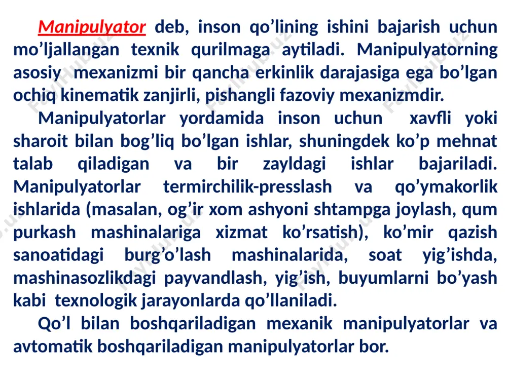 indisiga teng ri radiusli sferadan iborat. ish xajmi manipulyatorning eng katta tashqi o’lchamlarini ifodalaydi. manipulyatorlarni boshqarish sistemalari haqida. avtomatik boshqariladigan sanoat robotlarining manipulyatorlarida avtomatik boshqarish sistemalari ish tartibining (rejimining) ikki turi farq qilinadi: o’rganish tartibi va ish tartibi. o’rganish tartibida operator maxsus sistema yordamida manipulyatorning ijrochi mexanizmini bo’g’inlarning talab qilinuvchi ish holatlari ketma-ketligi orqali o’tkazadi; bu sistema bo’g’inlarning harakatlarini qayd etuvchi datchiklarni hamda datchiklar axborotini magnitli lentaga yoki perfolentaga yozib boruvchi qo’rilmani o’z ichiga oladi. bo’g’inlar holatlari datchiklaridan olingan ma’lumotlar kodlarga aylantiriladi (shifrlanadi) va muayyan programma tarzida xotira qo’rilmasiga kelib tushadi. ish tartibida manipulyator ushbu programma bo’yicha avtomatik ishlaydi. bunda boyagi kodlangan programma rasshifrovka qilinadi va bo’g’inlarning talab qilinuvchi harakatlariga aylantiriladi. sanoat robotlarini boshqarish tizimlari va avlodlari. hozirda mavjud bo’lgan sanoat robotlarining boshqarish tizimlari ikki: dasturli boshqarish va adaptiv boshqarish guruhlariga bo’linadi. dasturli boshqarish deb ijrochi qurilmani berilgan dastur bo’yicha avtomatik boshqarishga aytiladi. boshqarish algoritmi boshqarish jarayonida tashqi muhit va …