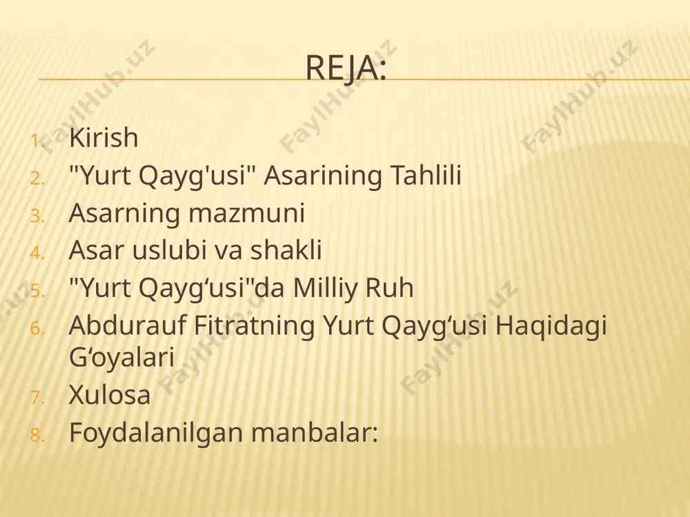 un xalqning ichki kuchi va birlik zarurligini bayon qiladi. ushbu asarda fitrat yurtning ajali, uning bugungi kunining achchiqligi, xalqning shuuridagi zaiflik, mustamlaka davrining ta'siri va uning kelajagi haqida gapiradi. asar milliy qadr-qimmat, yurtning kelajagi haqida teran o‘ylashga undaydi. fitrat "yurt qayg‘usi"da jamiyatning barcha qatlamlari o‘rtasida birlashish va kelajakni yaxshi qilish uchun kurashish zaruriyatini ta'kidlaydi. asar uslubi va shakli abdurauf fitratning "yurt qayg‘usi" asari adabiy jihatdan sodda, lekin chuqur fikrlarni ifodalovchi bir asardir. u nafaqat o‘zbek adabiyoti, balki butun sharq adabiyotida yangi uslubda yozilgan asarlardan hisoblanadi. asarida she'riy va nasriy elementlar uyg‘unlashgan bo‘lib, fitrat o‘zbek tilining imkoniyatlarini mukammal o‘rganib, tilni ravon va ta'sirchan qilib ishlatgan. asar tahlilida jamiyatning siyosiy, ijtimoiy va madaniy muammolariga oid keng tasvirlar keltiriladi. fitratning asarida o‘zining ijtimoiy adolat, tenglik, xalqning kelajagi haqida bo‘lgan g‘oyalari aniq va izchil ifodalangan. shoir bu asar orqali nafaqat xalqning yurtiga bo‘lgan mehrini, balki o‘zining kelajak uchun xavotirlarini ham ko‘rsatadi. "yurt qayg‘usi"da milliy …