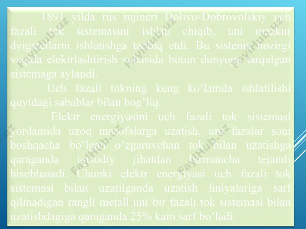 g vektor diagrammasi koʼrsatilgan. uni qurishda avval ixtiyoriy o nuqtadan faza kuchlanishlarining vektorlari farq bilan chiziladi. soʼngra faza toklari kuchlanishlarga nisbatan kechikuvchi burchaklar ostida chizilib, tok ning qiymati (3) ifodaga binoan aniqlanadi. toʼrt simli sistemada uch fazali zanjirning har bir fazasi zanjirning har bir fazasi mustaqil zanjir hisoblanadi. faza qarshiliklarining qiymatidan qatʼi nazar uchala faza kuchlanishi oʼzaro teng, yaʼni biron fazadagi qarshilikning oʼzgarishi shu fazada va nolinchi simdagi tokning oʼzgarishiga sabab boʼladi. аgar nosimmetrik nagruzkada nolinchi sim uzilsa, nagruzkasi kichikroq fazaning kuchlanishi nominaldan ortib ketib, shu fazadagi qarshilik qiziydi yoki kuyib ketadi. nagruzkasi kattaroq fazaning kuchlanishi esa nominaldan kamayib tarmoqdan kamroq quvvat oladi. shuning uchun nosimmetrik nagruzkada faza kuchlanishlarining simmetriyasini saqlash maqsadida nolinchi simga saqlagich qoʼyilmaydi. uch fazali notekis nagruzkaga, asosan, elektr yoritish asboblari va maishiy isteʼmolchilar kiradi. faza va liniya kuchlanishlari orasidagi nisbat. аgar 2-rasmdagi sxemada zanjirni aylanib chiqishda yoʼnalishni dan ga va dan ga va nixoyat dan ga …