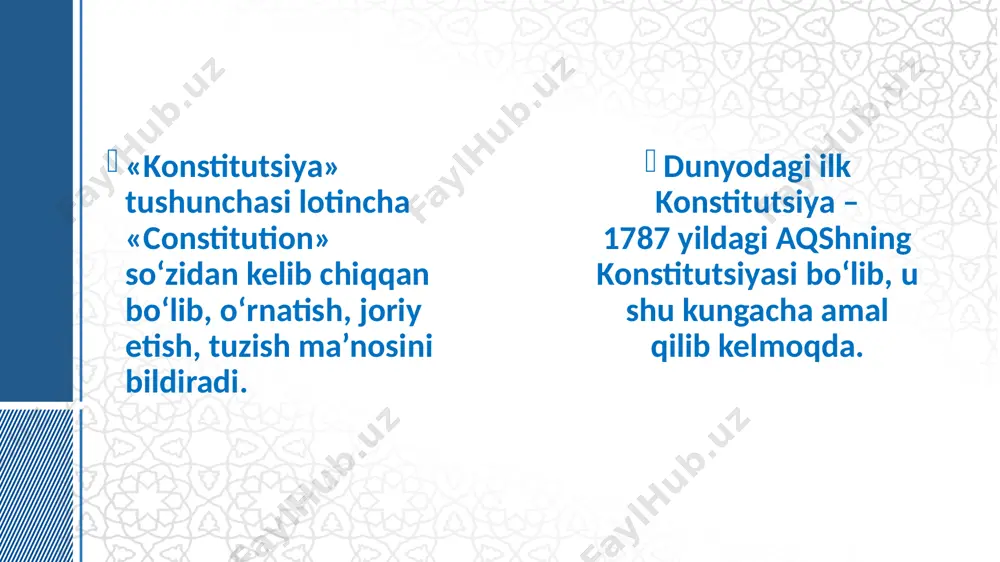 ri, sha’ni va qadr-qimmatini hurmat qilish; o‘zbekiston xalqining tarixiy, ma’naviy va madaniy merosini avaylab asrash; atrof tabiiy muhitga ehtiyotkorona munosabatda bo‘lish; soliqlar va mahalliy yig‘imlarni to‘lash; o‘zbekistonni himoya qilish. konstitutsiyada fuqarolarning quyidagi burchlari bajarishi belgilangan: 47-52-modda bosh qomusimizda ota-onaning farzandga, farzandning ota-onaga g‘amxo‘rlik qilishi, oila jamiyatning asosiy negizi ekanligi aks ettirilgan. 64,66-modda e’tiboringiz uchun rahmat! image1.png image2.png image3.jpeg image14.jpeg image15.jpeg image16.jpeg image17.jpeg image18.png image19.png image20.jpeg image21.jpeg image22.png image23.png image24.png image25.png image26.png image27.png image28.png image29.png image30.png image31.png image32.png image33.png image34.jpeg /docprops/thumbnail.jpeg