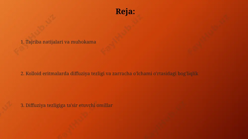 o'lchamdagi kolloid zarrachalarning diffuziya tezligi 50 nm zarrachalarga nisbatan 2,5 baravar yuqori ekanligi aniqlandi. diffuziya jarayonining mexanizmi diffuziya tezligi, masalan, 25°s haroratda suvda, zarracha o'lchamining teskari kvadratiga proporsional bo'lib, kichikroq zarrachalar ancha tez tarqaladi. diffuziya jarayoni braunning harakati orqali, ya'ni 10⁻⁸ metr diametrli zarrachalar termal energiya ta'sirida tasodifiy harakatlanishi orqali amalga oshadi va bu harakat suyuqlikning yopishqoqligi va haroratiga bog'liq. stokes-einstein tenglamasi va uning qo'llanilishi tenglama nanotexnologiya va farmatsevtika sohasida, masalan, 100 nm dan kichik dorilarning inson tanasidagi tarqalishini modellashtirishda, shuningdek, aqshda olib borilgan tadqiqotlarda 50 nm zarrachalarining qon oqimiga kirish tezligini o'rganishda qo'llaniladi. stok-eynshteyn tenglamasi, zarrachaning shakli sferik deb faraz qilinsa, aniqroq natijalar beradi. shu sababli, masalan, yaponiyada olib borilgan tadqiqotlar shuni ko'rsatdiki, nosimmetrik bo'lmagan zarrachalar uchun tuzatish kiritish zarur. kolloid eritmalarda diffuziya tezligi tushunchasi katta molekulalar (masalan, 100 kda o'lchamdagi oqsillar)ning diffuziya tezligi, kichik molekulalar (1 kda) ga nisbatan ancha past bo'lib, bu esa biokimyoviy jarayonlarni, masalan, hujayra …