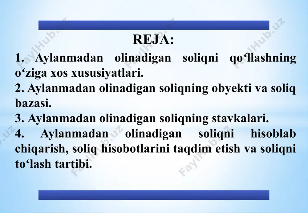 ikrofirmalar va kichik korxonalarni rivojlantirishni rag‘batlantirish borasidagi qo‘shimcha chora-tadbirlar to‘g‘risida»gi pf-3620-son farmoniga muvofiq 2005-yilning 1-iyulidan boshlab o‘zbekiston soliq tizimi amaliyotida kichik biznes subyektlarining ba’zi toifalari uchun yagona soliq to‘lovi joriy qilindi. 5 aylanmadan olinadigan soliqning iqtisodiy mohiyati va soliq to’lovchilari 2020-yil 1-yanvardan yangi tahrirdagi soliq kodeksining kuchga kirishi bilan yagona soliq to’lovi o’rniga aylanmadan olinadigan soliq joriy etildi. aylanmadan olinadigan soliq iqtisodiy mohiyatiga ko’ra bevosita soliq bo’lib, amaldagi soliq kodeksining 461-470 moddalariga muvofiq undiriladi. soliq kodeksining 461-moddasiga muvofiq, aylanmadan olinadigan soliqni to’lovchilar deb quyidagilar e’tirof etiladi: soliq davrida tovarlarni (xizmatlarni) realizatsiya qilishdan olingan jami daromadi bir milliard so’mdan oshmagan o’zbekiston respublikasi yuridik shaxslari; soliq davrida tovarlarni (xizmatlarni) realizatsiya qilishdan olingan daromadi yuz million so’mdan oshgan, lekin bir milliard so’mgacha bo’lgan yakka tartibdagi tadbirkorlar. 1. 2. 6 aylanmadan olinadigan soliqning iqtisodiy mohiyati va soliq to’lovchilari aylanmadan olinadigan soliq quyidagilarga nisbatan tatbiq etilmaydi: 7 1. o’zbekiston respublikasining bojxona chegarasi orqali tovarlarni olib …