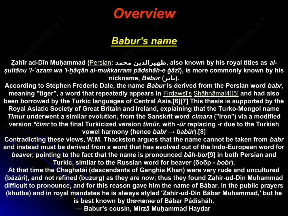 correcting his spelling and commenting on his style. his grandson akbar was enthroned at the age of fourteen when humayun died in 1556. the young emperor was raised by the regent, bayram khān, an iranian statesman whose father and grandfather had joined babur's service. bayram khān himself wrote poetry in chaghatay and persian. his son, abdul-rahim, was fluent in chaghatay, urdu, and persian and composed in all three languages. using babur's own text, he translated the bāburnāma into persian. the chaghatay original was last seen in the imperial library sometime between 1628 and 1638 during shah jahāngīr's reign. www.arxiv.uz www.arxiv.uz biography background babur was born on february 23 [o.s. february 14] 1483 in the town of andijan, in the fergana valley in contemporary uzbekistan. he was the eldest son of omar sheykh mirzā, ruler of the fergana valley, the son of abū saʿīd mirza (and grandson of miran shah, who …