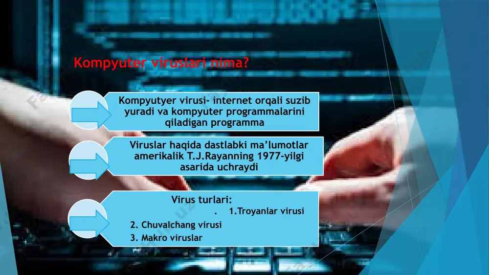 lizator ularni albatta topadi. kompyuter viruslari klassifikatsiyasi viruslarni quyidagi belgilar bo’yicha sinflarga ajratish mumkin: yashash muxiti operatsion sistema algoritmik oziga xoslik destruktiv imkoniyatlar hasanov behruz to’ymurod o`g`li image1.jpeg image2.jpeg image3.jpeg image4.jpeg image5.jpeg image6.jpeg image7.jpeg image8.jpeg image9.jpeg image10.png image11.png image12.png image13.png image14.jpeg image15.png image16.png image17.jpeg image18.png image19.jpeg /docprops/thumbnail.jpeg