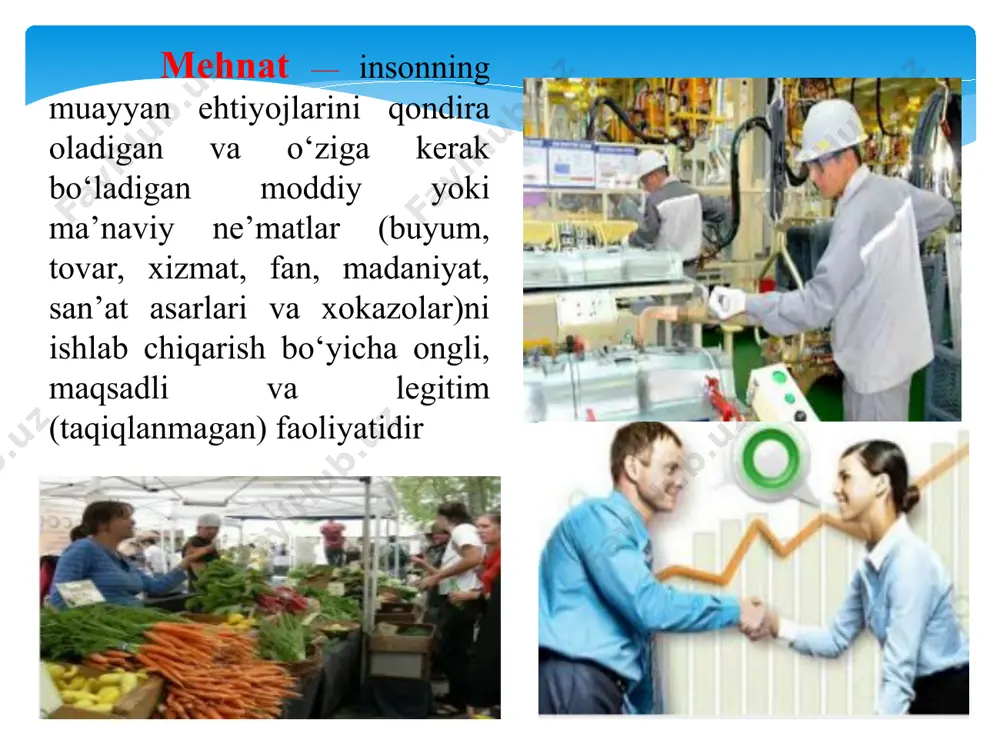 bo’lgan erkaklar x-16 yoshdan 55 yoshgacha bo’lgan ayollar nog-mehnatga layoqatli yoshdagi i va ii guruh nogironlari soni , pi-imtiyozli shartlarda pensiya olayotgan mehnatga layoqatli yoshdagi pensonerlar soni mehnat bilan bandlar soni quyidagicha topiladi: b=itr+itnr+mm itr-iqtisodiyotning rasmiy sektorida ishlovchilar soni itnr-iqtisodiyotning norasmiy sektorida ishlovchilar soni mm-migrant mehnatchilar * mehnat bozorida ishchi kuchiga talab - bu firmalarning ishchi kuchiga talabidir. taklif ishchilar tomonidan bo‘ladi. mehnat bozori raqobatlashgan bo‘lgani uchun mehnat narxi bozor tomonidan shakllanadi va unga bozor sub’ektlari ta’sir qila olmaydi (raqobatlashgan iste’mol bozoridagi kabi). bu barcha ishchilar qaysi firmada ishlashidan qat’iy nazar, bir xil ish haqi oladi va firmalar bu narxni oldindan berilgan narx sifatida qabul qiladilar. shuning uchun ham alohida firma uchun mehnat resurslari taklif chizi\i gorizontal, ya’ni u absolyut elastik. mehnat bozori, mehnat taklifi va mehnatga bo‘lgan talab mehnat bozorining asosiy vazifalari ish haqi bu yollanma hodim daromadining elementi, unga tegishli ishchi kuchiga bo’lgan mulkchilik huquqini iqtisodiy jihatdan ro’yobga …