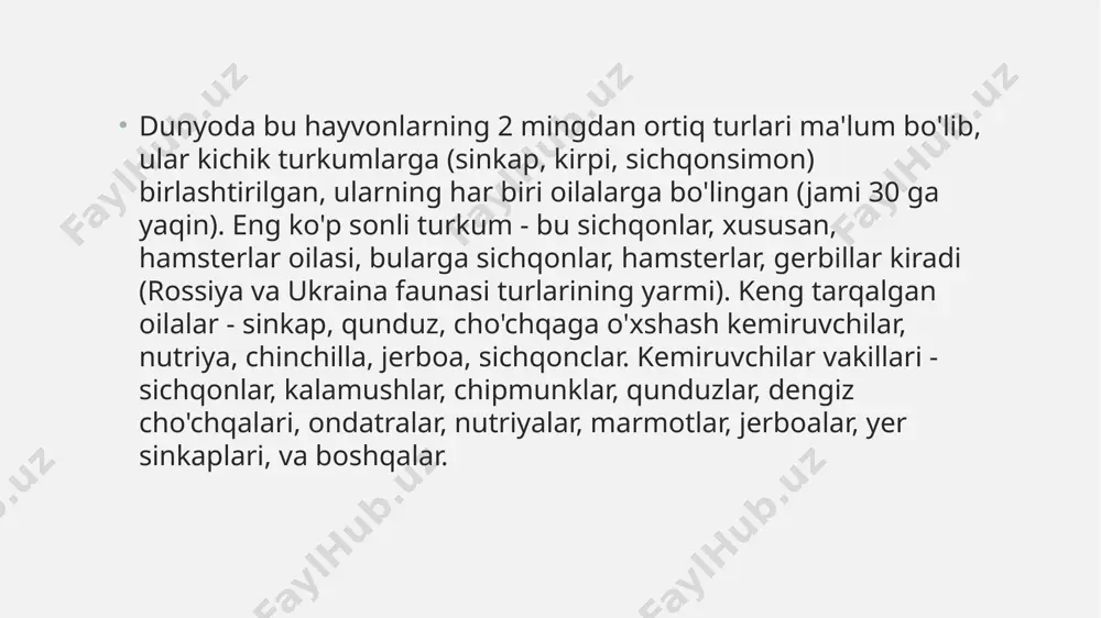 a turi. 2. yevropa turi. amerika norkasining quloq suprasi aylana shaklida, mo‘ynasi quyuq va sifatli. binobarin, amerika norkasi ko‘pchilik zona xo‘jaliklarida ko‘paytiriladi. yevropa turining quloq suprasini uchi toraygan va biroz ingichkalashgan ko‘rinishga ega. shuningdek, ularning dumi 5-10 sm kaltaroq bo‘ladi. ko‘plab xo‘jaliklarda alyaska norkasi va kentay norkasi ham boqiladi va ko‘paytiriladi. hozirgi vaqtda angren mo‘ynachilik xo‘jaligida turli xil oziq nisbatlari va ularning kaloriyasini hisobga olgan holda rasion qo‘llaniladi. norkalarni so‘yish va terilariga ishlov berish tadbirlar norka boquvchi ishchilar ishtirokida mo‘ynachilik mutaxassislar bajaradi. norkalarni so‘yish uchun ularga ukol qilinib distelin yuboriladi. mo‘ynaga birinchi ishlov berish maxsus asboblar yordamida so‘yish punkti (kushxona)da bajariladi. u erda mo‘ynani ishlash, tozalash, yog‘ini ketkazish, tekislash va quritish, tashish va saralash sexlari bor. quritish ishlari 31-35°c da 11-12 soat davom etadi. norkalarni boqish, ularni urchitib ko‘paytirish iqtisodiy jihatdan serdaromad tarmoq hisoblanadi. binobarin, imkoni bo‘lgan fermer xo‘jaliklari ushbu tarmoq bilan shug‘ullanishlari mumkin. e’tiboringiz uchun rahmat image1.jpeg image2.jpeg image3.jpeg …