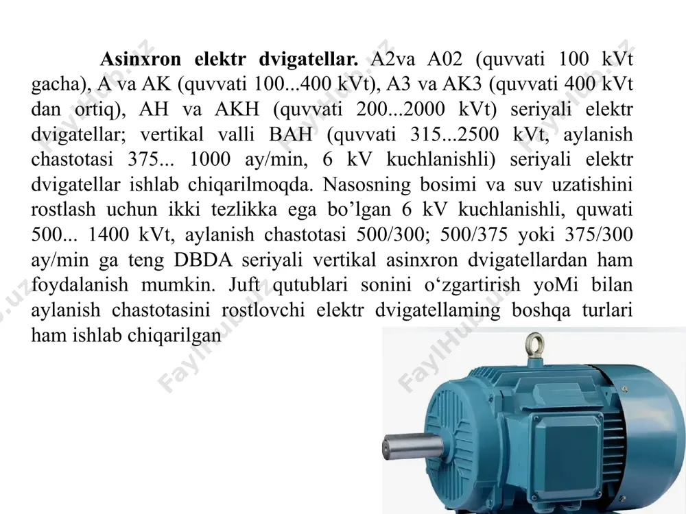 qali bevosita ulash; -tishli g‘ildiraklar orqali ulash; -tasmali uzatma orqali uzatish; va boshqa turlari. dezil nasos energiyani mufta orqali bevosita uzatish uchun dvigatel va nasos o‘qlari bir-biriga mos kelishi, dvigatelning aylanishlar soni esa, talab qilinganiga teng bo‘lishi kerak. u nasos valiga utqaziladigan ikkita disk-yarim muftadan va dvigateldan iborat. disklar vallarga shponkalar yordamida mustahkamlanadi. mufta disklaridan birida sapfalar-barmoqlar bo‘ladi, ularga silindrik rezina halqalar kiydiriladi, ikkinchisida barmoqlar kirib turadigan silindrik teshiklar bo‘ladi. ulash-biriktirish muftasi rezina halqalar nasosni ishga tushirish paytida va nasos ishlayot-ganda vujudga keladigan zarblarni so‘ndiradi. energiyani mufta orqali uzatish ancha qulay, ixcham, qo‘shimcha maydon talab qilmaydi. bunday uzatmaning f.i.k. 100 % ga teng. tishli uzatma-dvigatel vali nasos valiga to‘g‘ri kelmaydigan hollarda, faqat aylanma harakatni uza­tish uchun ishlatiladi. vallarning o‘zaro joylashishiga qarab, tishli g‘ildiraklar quyidagi turlarga bo‘linadi: silindrik-parallel vallar uchun; konus-o‘qlari kesishadigan vallar uchun; giperbolik o‘qlari kesishmaydigan vallar uchun. silindrik g‘ildiraklarning tishlari to‘g‘ri, qiya va burchak ostida (shevron) bo‘lishi mumkin. tishlar …