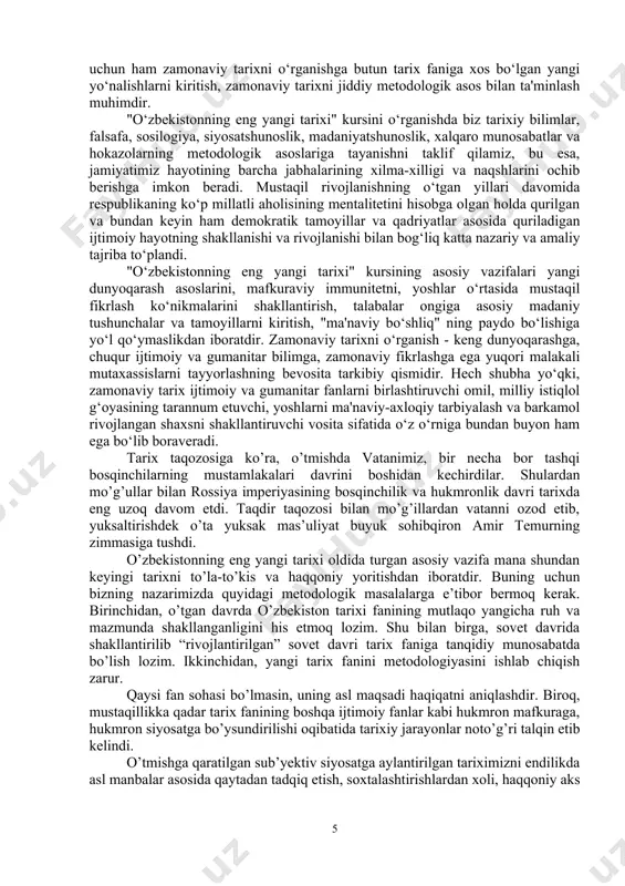 antirishni aks ettiradi, unda davlat va jamiyat rivojlanishining yangi bosqichida modernizasiyani yanada davom ettirishning strategik dasturi belgilab berilgan. ushbu bosqich davlat hokimiyati va boshqaruvini yanada demokratlashtirish, sud-huquq tizimini, axborot sohasini isloh qilish, so‘z erkinligini ta'minlash, saylov qonunchiligini rivojlantirish, demokratik bozor islohotlarini chuqurlashtirish va iqtisodiyotni liberallashtirish bo‘yicha islohotlar uchun huquqiy asoslarni yaratishni davom ettirish bilan tavsiflanadi. ta'kidlash joizki, zamonaviy davrga oid har xil qarashlarni hisobga olgan holda, o‘zbekistonning eng yangi tarixini davrlashtirish bilan bog‘lik mazkur bosqichlarni, avvalo, tarixchi foydalanishi kerak bo‘lgan vosita sifatida ko‘rib tushunish kerak va bu boshqa mutaxassislarning fikrlari bilan mos kelmasligi ham mumkin. zamonaviy tarixni o‘rganishning dolzarbligi uning zamonaviy hayotga ta'sir ko‘rsatadigan voqealarni tushunishga yordam berishi bilan belgilanadi. davlatimiz rahbari bugungi tinch va osoyishta hayotni saqlashga, mustaqillikni mustahkamlashga bir necha bor da'vat qilar ekan, o‘sib kelayotgan avlod tomonidan istiqlolga erishish tarixini chuqur o‘rganish muhimligini, qanday qiyin yo‘ldan o‘tganimizni va yana nima qilishimiz kerakligini alohida ta'kidlaydi. o‘zbekistonning eng yangi …