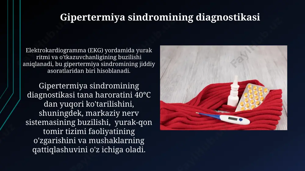abolik kasalliklar kabi sabablar bilan yuzaga kelishi mumkin va tezkor tibbiy yordamni talab qiladi. gipertermiya sindromi tananing issiqlik regulyatsiyasi mexanizmining buzilishi natijasida 40°c dan yuqori harorat ko'tarilishini o'z ichiga olgan jiddiy holat bo'lib, organlarning shikastlanishi va hatto o'limga olib kelishi mumkin. gipertermiya sindromining sabablari ba'zi dorilar, masalan, kokain va amfetaminlar kabi stimulyatorlar, metabolik jarayonlarni tezlashtirib, tana haroratini keskin oshirishi va gipertermiya rivojlanishiga olib kelishi mumkin. atrof-muhit omillari, masalan, haddan tashqari yuqori harorat, 40°c dan yuqori, uzoq vaqt davomida quyosh nuri ta'sirida bo'lish ham gipertermiya rivojlanishiga sabab bo'lishi mumkin. gipertermiya sindromining belgilari va alomatlari mushak qattiqlashuvi (rigidlik), terining quruq va issiq bo'lishi, ongning buzilishi, ko'ngil aynishi va qusish gipertermiyaning juda xarakterli klinik belgilari hisoblanadi. gipertermiya bemorlarda neyrologik simptomlarning paydo bo'lishiga, masalan, titrishlar, konvulsiyalar va hatto komaga olib kelishi mumkin. paracetamol va ibuprofenning qo'llanilishi paratsetamolning dozasi kuniga maksimal 4 grammdan oshmasligi kerak, ibuprofen esa kuniga 2,4 grammdan oshmasligi kerak, aks holda jigar …