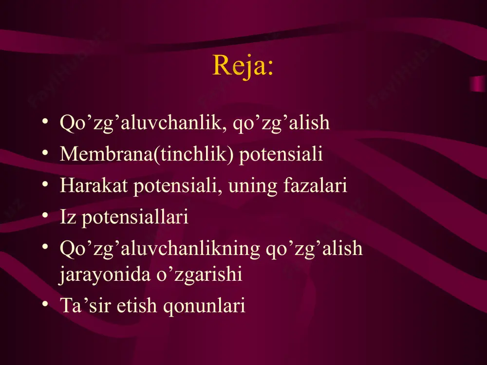 igi yuqori, natriy ionlari uchun past, organik ionlarni deyarli o’tkazmaydi. natriyli kaliyli nasos faoliyati. * gradient hosil qilish mexanizmlari passiv transport – ionlar membrana orqali diffuziyalanib o’tadi. faol transport- ionlar konsentratsiyasi gradientiga qarshi harakatlanishi uchun maxsus ion nasosi va atf energiyasidan foydalanadi. + + + + + + + − − − − − − − membrana potensialining hosil bo’lish mexanizmi. harakat potensiali. (hp)- nerv, mushak, bez to’qimasi tasirlanganda membrana potensialining tez va qaytar tebranishi harakat potensiali deyiladi. * 1 – mahaliy depolyarizasiya (lokal javab) 2 – tеz depolyarizasiya 3 – overshut (reversiya) 4 – repolyarizasiya 5 – manfiy iz potensiallari 6 – musbat iz potensiyalari хп фазалари мпп depolyarizatsiya- hujayra membranasining ichki yuzasi tashqarisiga nisbattan musbat zaryadlanadi. depolirizatsiya hujayra lar membranasining natriy ionlari uchun o’tkazuvchan ligi oshishi va natriyning hujayra ichiga kirishi bilan bog’liq. * repolyarizatsiya- hujayra ichida manfiylikning qayta tiklanishi. ya’ni o’zining oldigi holatga qaytishi repolyarizatsiya hujayra ichidan …