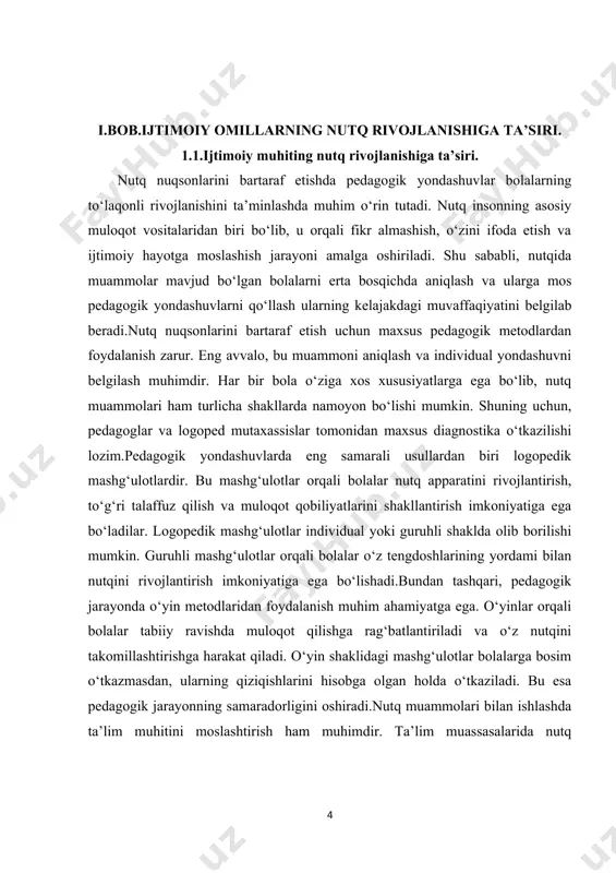 igan muhit bolalarning o‘ziga bo‘lgan ishonchini oshirishga ham xizmat qiladi. pedagogik yondashuvlarda bolalar bilan individual ishlash juda muhim ahamiyat kasb etadi. har bir bolaning nutqiy muammosi o‘ziga xos bo‘lgani sababli, ularga mos keladigan yondashuv tanlanishi lozim. masalan, ba’zi bolalar talaffuz muammolariga duch kelishsa, boshqalar gapirish tezligi yoki grammatik tuzilish bilan bog‘liq qiyinchiliklarga ega bo‘lishi mumkin. shu sababli, pedagog va logopedlar har bir bola uchun alohida dastur ishlab chiqishlari lozim.nutq nuqsonlarini bartaraf etishda ota-onalar bilan hamkorlik qilish ham juda muhimdir. ota-onalar bolalarning uy sharoitida ham nutqini rivojlantirishlari uchun maxsus tavsiyalar berilishi lozim. masalan, bolalar bilan har kuni kitob o‘qish, hikoyalar tuzish va suhbatlashish ularning nutqiy rivojlanishiga katta yordam beradi. ota-onalar o‘z farzandlariga nisbatan sabr-toqat bilan yondashishlari va ularni rag‘batlantirishlari kerak.nutq nuqsonlarini bartaraf etishda zamonaviy texnologiyalar ham katta ahamiyat kasb etmoqda. masalan, mobil ilovalar va kompyuter dasturlari orqali bolalar mustaqil ravishda nutq mashqlari bajarishlari mumkin. shuningdek, interaktiv ta’lim platformalari yordamida bolalarga audiovizual …