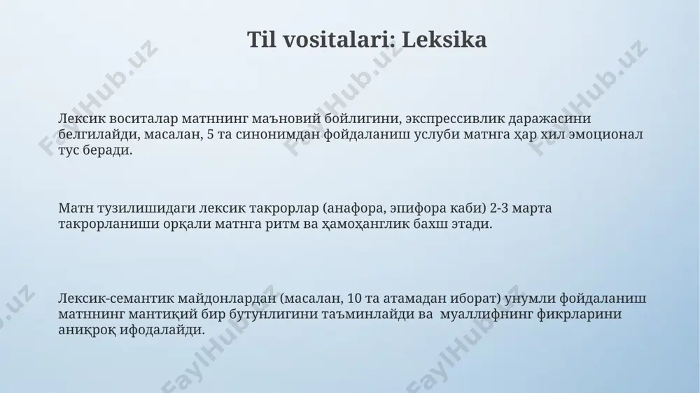 ta'minlaydigan 3 muhim omil hisoblanadi. troplar va figuralar figuralar, troplardan farqli o'laroq, so'zlarning o'ziga xos grammatik tuzilishiga, sintaksisga tayangan holda, gapning emotsional va ekspressivlik darajasini 3-4 barobar oshiradi. semantik paralellik tropi va sintaksik parallelizm figurasi bir matnda o'zaro hamkorlikda ishlatilib, 5-7 marta takrorlanishi orqali ta'sirchanlikni yanada kuchaytirishi mumkin. troplar va figuralar badiiy nutqda 20 dan ortiq turdagi ma'noviy va uslubiy vositalarni o'z ichiga oladi, bular so'zlarning ko'chirma ma'noda qo'llanilishiga asoslangan bo'lib, obrazlilikni kuchaytiradi. reja va kompozitsiya kompozitsiya esa bu bo'limlarning joylashuvini, tartibini, o'zaro aloqasini va umumiy ma'noni yaratishdagi rolni belgilaydi, bunda ritm va temp ham muhim ahamiyatga ega. reja matnning mantiqiy tarkibiy qismlarini, ularning o'zaro bog'liqligini belgilaydi va 3-5 ta asosiy bo'limdan iborat bo'lishi mumkin. reja va kompozitsiyaning o'zaro muvofiqligi matnning tushunarliligi, mantiqiyligi va ta'sirchanligini belgilaydi, 2 ta noto'g'ri usuldan foydalanish matnni buzishi mumkin. so'zlar va ularning o'zaro bog'lanishi so'z birikmalarining tuzilishi va ularni tashkil etuvchi so'zlarning soni (2 yoki …