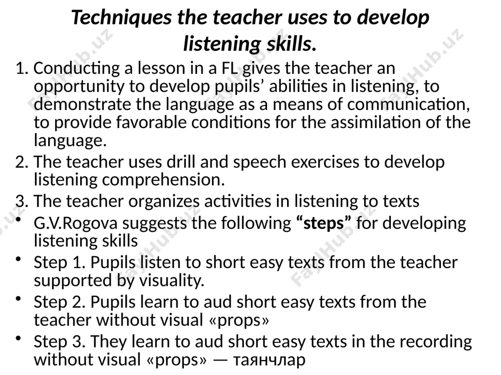 thodoxies propagated about the teaching of listening and the treatment of listening on teacher training courses. these include: use plenty of recorded material. prepare the learners for listening by setting the scene, introducing the characters, pre-teaching vocabulary etc. before the learners listen, set a listening task which directs them to an overall 'gist' understanding of the passage. check the answers to this task, playing the recording again if necessary. set a further task, or tasks, which direct learners to a more detailed understanding. only use the tape script (if there is one!) as a last resort. make the recording, and the tasks, as 'authentic' as possible. 1. plan & organize your talk clearly and use vocabulary precisely. 2. use gestures, tone and facial expressions so that your talk becomes interesting. 3. organize your ideas and give them in a logical order. 4. express your thoughts clearly. 5. talk confidently and …