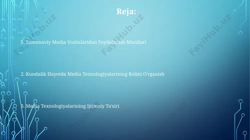 g ommalashuvi tufayli, onlayn video platformalar, oqim xizmatlari va interaktiv ilovalar orqali media iste’moli sezilarli darajada o'zgardi, bu 70% ga yaqin foizni tashkil qiladi. texnologiyaning ijtimoiy-madaniy ta'siri smartfonlar va planshetlar orqali 70% dan ortiq yoshlar kundalik hayotda interaktiv media bilan o'zaro ta'sir qiladi, bu esa ularning fikrlash uslubi va o'rganish jarayoniga yangicha yondashuvni shakllantiradi. o'rtacha bir kishi kuniga 6-8 soat turli xil media texnologiyalaridan foydalanadi, bu esa ijtimoiy aloqalar, ma'lumot iste'moli va dunyoqarash shakllanishiga sezilarli ta'sir ko'rsatadi. internet va ijtimoiy tarmoqlar orqali global miqyosda 4 milliarddan ortiq foydalanuvchi mavjud bo'lib, bu madaniy almashinuvni tezlashtiradi, lekin shu bilan birga, axborot noto'g'riligi va "filter bubble" effekti xavfini tug'diradi. smartfonlar va ularning funksiyalari smartfonlarning o'rtacha foydalanuvchi kuniga 3-4 soat vaqt sarflaydiganligi, bu esa ularning kundalik hayotdagi ahamiyatini ko'rsatadi. bu vaqt ijtimoiy tarmoqlar, o'yinlar, axborot qidirish va boshqa funksiyalar uchun sarflanadi. zamonaviy smartfonlar 5g texnologiyasini qo'llab-quvvatlaydi, bu esa internet tezligini sezilarli darajada oshiradi va …