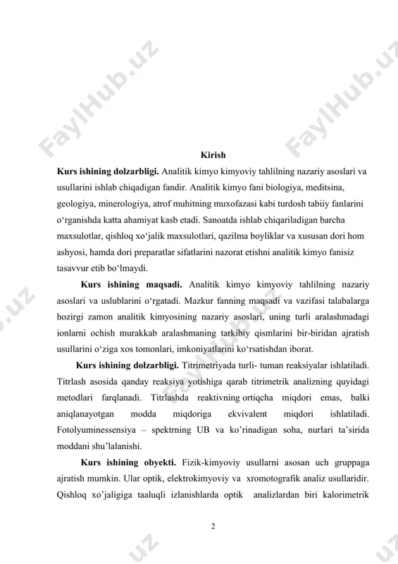 – spektrning ub va ko’rinadigan soha, nurlari ta’sirida moddani shu’lalanishi. kurs ishining obyekti. fizik-kimyoviy usullarni asosan uch gruppaga ajratish mumkin. ular optik, elektrokimyoviy va xromotografik analiz usullaridir. qishloq xo’jaligiga taaluqli izlanishlarda optik analizlardan biri kalorimetrik analiz keng qo’llaniladi. turli obektlar tarkibidagi mikroelementlar miqdori ana shu usul yordamida aniqlanadi. kurs ishining hajmi. kurs ishi an’anaga ko’ra kirish, i bob adabiyotlar sharhi, ii bob tajriba qismi, iii bob olingan natijalar tahlili, xulosa va foydalanilgan adabiyotlar qismidan iborati bo’lib, times new roman bosma taboqda, 14 o’lcham va 1,5 intervallarda yozilgan. kurs ishining hajmi 21 sahifadan tashkil topgan. 11 ta adabiyotlar ro’yxatidan tashkil topgan. i bob. adabiyotlar sharhi 1.1. voltamperometriya metodi haqida tushuncha analitik kimyoda inversiyaga oid voltampermetr usuli bilan metall ionlarini mikrokonsentrasiyalarini tahlil qilishda. ishchi sirtining faolligi yuqori,ishchi potensiallarining ko’lami keng,ishlash imkoniyati katta bo’lgan ko’mir pastali elektrod yaratishdir.eletrod organik moddani o’zida bog’lovchi grafit kukunini va pastaga botirilgan tok uzatgichni o’z ichiga olgan to’ldiruvchi …