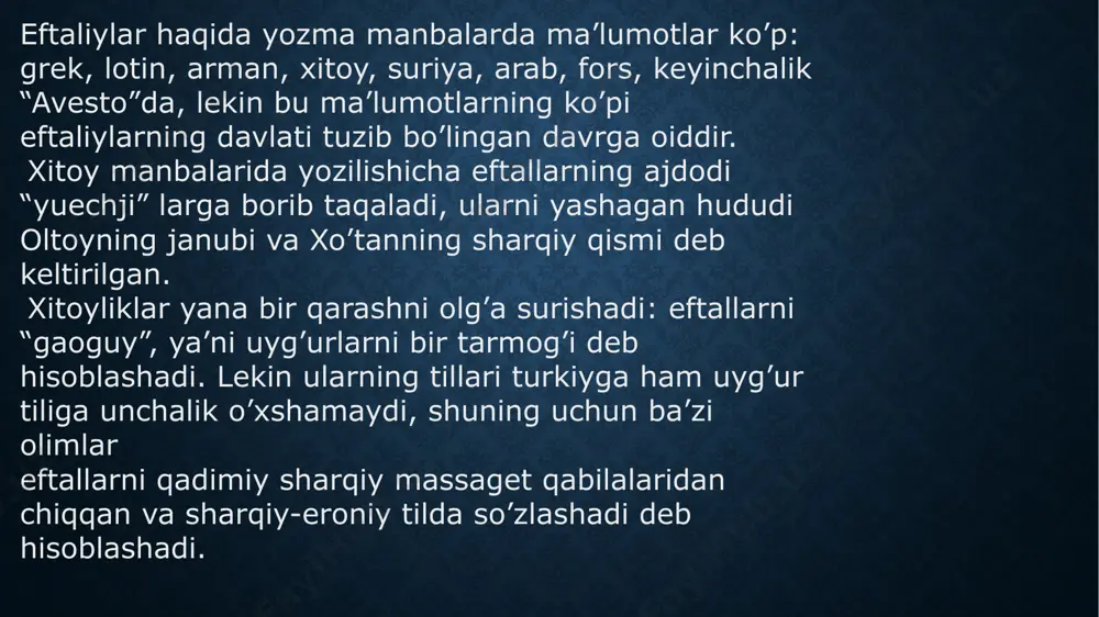 majbur bo’ldi. 470-yilda jujonlarning agressiyasini tugatishdi va ularga qattiq zarba berishdi. 472-yilda xioniylar sug’ddan haydab chiqarildi. 482-yilda pero’z asirga tushdi. o’g’li kubodni garovga berdi, o;zi esa hujum qilmaslik haqida qasam ichdi va qo’yib yuborildi. 484-yilda pero’z jangda o’ldirildi. qasamini buzganidan eftallar g’azablanishdi va forslarni talashdi, marv, balx, hirot shaharlarini bosib olishdi. 488-yilda sosoniylar taxtiga kubod o’tirdi (488-531). u eftallar saroyida yoshligidan katta bo’lgani va eftallarni yaxshi tushungani uchun ular o’rtasida ittifoq paydo bo’ldi. eftallar bilan birlashib vizantiyaga qarshi kurashdi. 490-500 yillarda hindistonga qarshi yurush, natijada markaziy hindiston yerlari bosib olindi. 494-yili eftallar tomonidan zamonaviy eronning katta qismni egallanib olinishi. 494-496 yillarda eftallar jujoniylarni yanchib tashlashdi. 496-yilda eftallar tomonidan “teleut” qabilalari yanchib tashlandi va asirlar orasidan knyaz mivotu qolgan teleut qabilalariga bosh etib tayinlandi. 497-499 yilda eronda kubodga qarshi to’ntarish bo’lib o’tdi va kubod eftallar yoniga qochdi. keyin yana eftallar yordamida hokimyatni qo’lga oldi. 510-yilda eftallar hindistonda mag’lubiyatga uchrashdi. 516-518 yillarda …