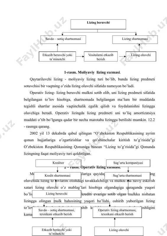 riga nisbatan lizing jarayonlarining afzallik va kamchiliklarini tahlil qilish natijasida quyidagi xulosalarga kelindi. lizing munosabatlarining asosiy afzalliklari quyidagi jadvalda keltirilgan. 1-jadval lizing munosabatlari sub’ektlari uchun lizingning qulayligi uskunalarni ishlab chiqaruvchi uchun -sotish bozorining kengayishi -texnikaga kafolatli xizmat ko’rsatish tizimini kengayishi lizing beruvchi uchun -foyda olish -amortizatsiya va soliq imtiyozlarining mavjudligi -mulk shaklida sarmoyalash - moliyaviy xatarlarni yo’qligi lizing oluvchi uchun -kam miqdordagi boshlang’ich kapital hisobiga ham ishni tashkil etish imkoni -yuz foizli kreditlash -to’lovlarni zudlik bilan amalga oshirishni talab etilmasligi -to’lovlarning qulay sxemasini ishlab chiqish imkoniyati -lizing oluvchini mulk solig’idan ozod bo’lishi -lizing to’lovlarini ishlab chiqarish va muomala harajatlari tarkibiga kiritilishi -vaqtinchalik foydalanishga olingan mulkni jismoniy va ma’naviy eskirish xatarini kamligi -yangi mahsulot ishlab chiqarishda xatarni kamayishi -soliq to’lashdagi imtiyozlar va jadal amortizatsiyani qo’llash imkoniyati 2. lizing to’lovlarini va lizingning moliyaviy samaradorligini aniqlash, banklarda lizing hisobi. lizing to’lovlari o’z tarkibiga shartnomada ta’kidlangan mulkning to’la yoki qisman holdagi qiymatini hamda, ko’rsatilgan …