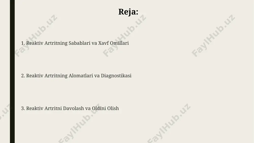 qo'yish uchun etarli emas va boshqa diagnostik usullar bilan birgalikda qo'llaniladi. reaktiv artrit tashxisi bemorning klinik ko'rinishi, ya'ni qo'shma og'rig'i, shishishi va harakatlanish cheklanganligi, shuningdek, infektsiya belgilarining mavjudligi, masalan, 38°c dan yuqori harorat yoki diareya asosida qo'yiladi. reaktiv artritning alomatlari taxminan 20-30% hollarda, reaksiyaviy artrit koʻzning kon'yunktiviti yoki iriti kabi koʻz alomatlari bilan birga keladi. reaktiv artritning diagnostik mezonlariga qoʻshma ogʻrigʻi, infeksiya belgilari va hla-b27 genining mavjudligi kiradi, lekin bu faqat taxminan 50% hollarda aniqlanadi. reaktiv artrit bilan ogʻrigan bemorlarda koʻpincha 1-3 hafta ichida qoʻshma ogʻrigʻi, shish va qizarishi kuzatiladi, bu esa harakatlanishni qiyinlashtiradi. reaktiv artritning sabablari reaktiv artritning 30% dan ortigʻi ichak infektsiyalari, xususan, salmonella, shigella yoki campylobacter bakteriyalarining taʼsiridan kelib chiqadi. reaktiv artrit rivojlanishida genetik moyillik muhim rol oʻynaydi; hla-b27 geniga ega boʻlgan odamlarda kasallikka chalinish xavfi 10 baravar yuqori. jinsiy yoʻl bilan yuqadigan infektsiyalar, masalan, xlamidioz, reaktiv artritning 15-20% holatlarida sababchi omil hisoblanadi, bu esa erkaklar va …