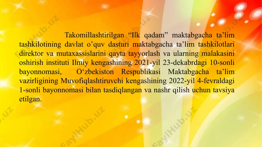 tkazadilar. ular muammolarni tushunish va hal qilish uchun yangi imkoniyatlar topadilar. ular o‘zlarining kashfiyotlari bilan o‘rtoqlashadilar va asta-sekin mustaqil, o‘z-o‘zini boshqaradigan, tahlil qila oladigan va ijodkor shaxsga aylanadilar. o’quv tarbiya jarayonining tamoyillari: ● bolalikni o‘ziga xos qadriyat ekanligini tan olish. ● bolaning huquqi, individualligi va rivojlanish imkoniyatlarini hisobga olish. ● har bir bolaning har tomonlama rivojlanishi va farovonligini ta'minlash. ● bolaning sog‘lig‘ini saqlash, mustahkamlash va xavfsiz muhitni ta'minlash. ● o‘yin orqali ta’lim olish va rivojlantirish. ● mttning oila, mahalla, maktab bilan hamkorligi. ● milliy, tarixiy va madaniy an’analar, ma’naviy boyliklarni tan olish va boshqa xalqlar madaniyatiga hurmatda bo‘lish. o’quv-tarbiyaviy jarayonni tashkil etishda dastur quyidagi hujjatlarni tavsiya etadi: davlat talablari. davlat dasturi. yillik mavzuli reja. o’quv tarbiyaviy ishni haftalik rejalashtirish. bolaning rivojlanish xaritasi. bola rivojlanishi kuzatuv kundaligi. yangi dasturning afzalligi quyidagilardan iborat: bolalarni bilim olishga o’rgatish emas, qiziqishlarini oshirish. ilk bora mtt da mavzuli rejalashtirish belgilangan. ilk bora bolani rivojlantirish xaritasi …