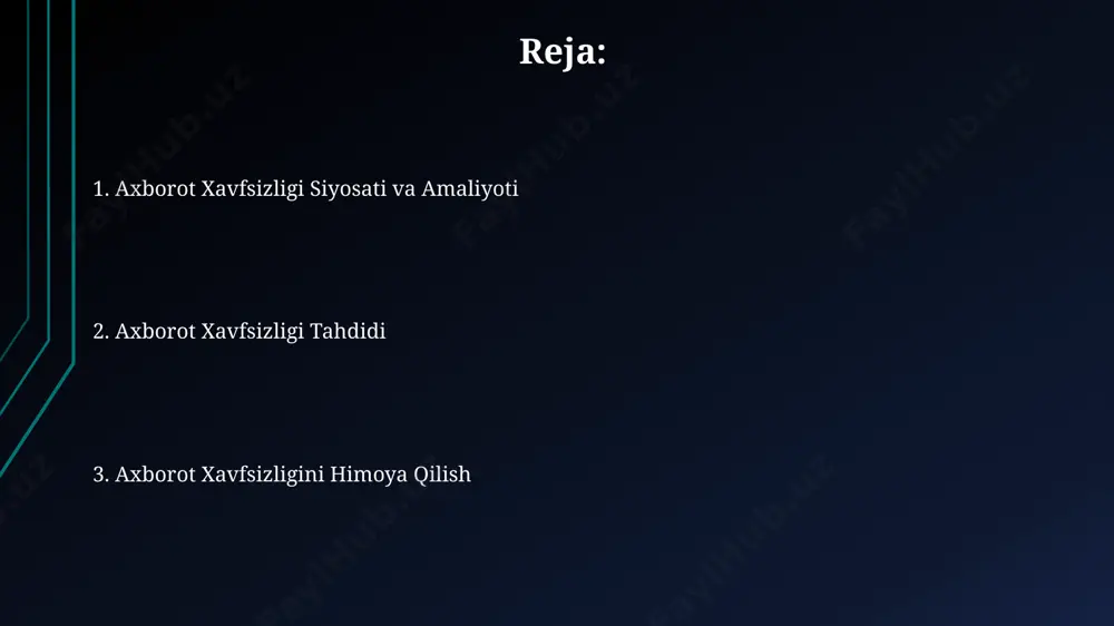 ezligiga bog'liq. shuning uchun, tezkor tiklash uchun samarali strategiya yaratish muhim. voqeaga javob berish rejasi rejaga muvofiq, samarqanddagi serverlarga hujum boʻlganda, 5 daqiqada avtomatik zahira nusxasi yoqiladi va 20 ta mutaxassis 1 soat ichida javob beradi. “voqeaga javob berish rejasi” kompaniyaning toshkentdagi 2 ta maʼlumot markazini himoya qilish uchun 3 bosqichli jarayonni oʻz ichiga oladi: xavf tahdidi aniqlanishi, zararning kamayishi va tiklash. axborot xavfsizligini audit qilish axborot xavfsizligi auditini o'tkazishda 20 dan ortiq zaif tomonlar aniqlangan bo'lsa, tashkent shahridagi kompaniyalarning 70% ga yaqini qo'shimcha xavfsizlik choralari ko'rishga majbur bo'ladi. cybersecurity compliance standartlariga muvofiqlikni baholash uchun o'tkazilgan audit natijalariga ko'ra, andijon shahridagi 5 ta yirik bankning 3 tasi pci dss talablariga javob bermaydi. axborot xavfsizligining asosiy tushunchalari axborot xavfsizligi siyosatlari, masalan, toshkent shahridagi kompaniyalarda qo'llaniladigan siyosatlar, xodimlarni o'qitish va tahdidlarni aniqlash tizimlarini o'rnatish orqali ma'lumotlarni 7/24 himoya qilishni ta'minlaydi. 2023-yilgi hisobotlarga ko'ra, kiberhujumlar soni 50% ga oshgan. shuning uchun, axborot xavfsizligini …
