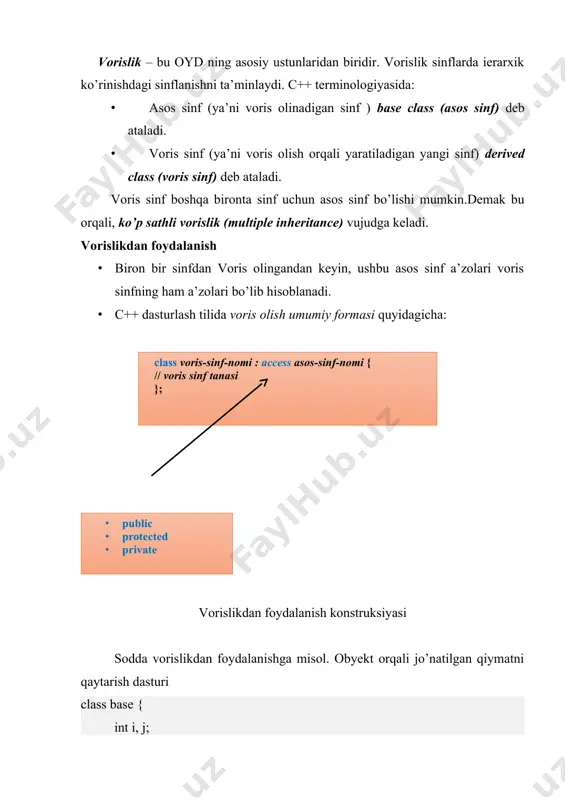 sinfning barcha public va protected a’zolari voris sinfning private a’zolari qatoriga o’tadi. ma’lumotlarga murojaat turlari va vorislik murojaat turlari public protected private asos sinf yes yes yes voris sinf yes yes no boshqa sinf (yoki main funksiya) yes no no private murojaat turi orqali voris sinfni yaratishga misol. class base { int i, j; public: void set(int a, int b) { i=a; j=b; } void show() { cout << i << " " << j << "\n";} }; // asos sinfning public a’zolari, voris sinfda private huquqiga o’tadi. class derived : private base {….} int main() { derived ob(3); ob.set(1, 2); // error, set() metodiga ruxsat yo’q ob.show(); // error, show() metodiga ruxsat yo’q return 0; } vorislik va sinfning himoyalangan (protected) a’zolari\ · protected kalit so’zi vorislik mexanizmini tashkil qilish uchun ishlatiladi va qulaylik vujudga keltiradi. · asos sinfning private a’zolariga dasturning boshqa bir qismi (misol uchun boshqa sinf …