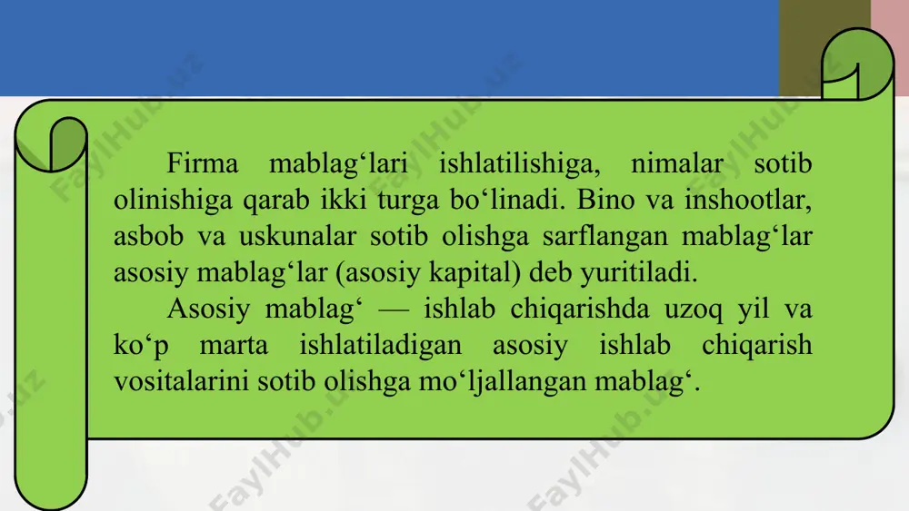 mkin. 2. amortizatsiya jamg‘armasi. bu jamg‘arma mablag‘lari faqat asosiy vositalar sotib olishga sarflanadi. 3. nizom jamg‘armasi. u firma faoliyatining boshlang‘ich davrida ishlatiladi. firmaning ichki mablag‘lari yetarli bo‘lmaganda, tashqi moliyaviy mablag‘larni topish kerak bo‘ladi. tashqi manbalarga quyidagilar kiradi: firma egalarining firmaning ustav kapitalini ko‘paytirish uchun ajratgan qo‘shimcha mablag‘lari. bankdan yoki boshqa firmalardan olingan qarz mablag‘lari. firmaning qimmatli qog‘ozlar chiqarib sotishdan tushgan pul tushumlari. tashqi moliyaviy manbalar ichki manbalardan shunisi bilan farqlanadiki, ularni, albatta, qaytarish kerak bo‘ladi firmaning ma’lum davr ichida mahsulot ishlab chiqarish uchun sarflagan xarajatlari umumiy xarajatlar deb yuritiladi va tc — inglizcha “total costs” (umumiy xarajat) so‘zlarining bosh harflari bilan belgilanadi. o‘z navbatida, umumiy xarajatlar doimiy va o‘zgaruvchan xarajatlardan tashkil topadi. ishlab chiqarish hajmiga bog‘liq bo‘lmagan xarajatlarga doimiy xarajatlar (inglizcha — fixed costs) deyiladi va fc har flari bilan belgilanadi. doimiy xarajatlarga ijara haqi, qarz foizi, sug‘urta haqi, amortizatsiya ajratmasi, ma’muriy xarajatlar kabi xarajatlar kiradi. bu turdagi xaraja tlarni, …