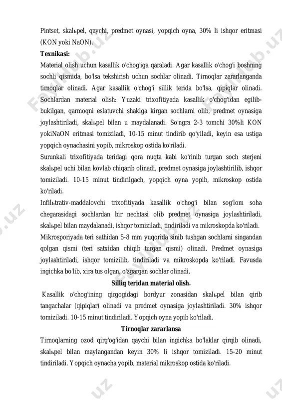 a amaliy ko'nikmani qadamma-qadam bajarish. № amaliy ko'nikmani bajarish tartibi maksimal ball talaba to'plagan ball 1 zamburug'larga material olishning zaruriyatini asoslash 10 2 zamburug'larga material olishda ishlatiladigan ashyolarni to'g'ri sanab berish (pintset, skalpel, buyum oynasi, yopkich oyna, 30% kon yoki naoh, spirtovka, spirt, paxta, salfetka, mikroskop) . 10 3 bemorni laboratoriyaga taklif qilib, stulga o'tqazish 10 4 kasallik o'chog'ining qaysi sohasidan material olishni to'g'ri aniklab olish 10 5 aniklangan sohadan kerakli materialni (soch, qipiq, tirnok) kerakli ashyo bilan olish (pintset, skalьpel, qaychi) 10 6 olingan materialni predmed oynasiga joylashtirish va uni maydalash 10 7 material ustiga ishqor eritmasi tomizish 10 8 kerakli fursat (15-20) minut tindirib qo'yish 10 9 ustiga yopqich oynani yopish 10 10 mikroskop ostiga qo'yib uni ko'zdan kechirish 10