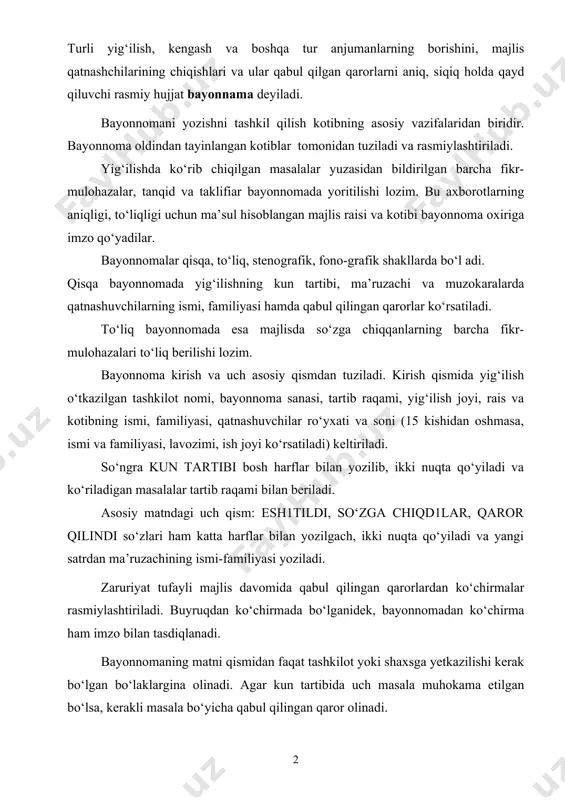 onnomaning matni qismidan faqat tashkilot yoki shaxsga yеtkazilishi kеrak bo‘lgan bo‘laklargina olinadi. agar kun tartibida uch masala muhokama etilgan bo‘lsa, kеrakli masala bo‘yicha qabul qilingan qaror olinadi. bayonnoma shakli _________________________________________________ (muassasa nomi) _________________________________________________ (bo‘lim yoki bo‘linmalar nomi) ______ yil ___________dagi ___-sonli (o‘tkazilgan sana va bayonnoma raqami) b a yo n n o m a s i toshkеnt shahri. (sanasi) (o‘tkazilgan joyi) qatnashdilar: (qatnashuvchilar ro‘yxati yoziladi) kun tartibi: 1. (ko‘riladigan masalalar nomlari yoziladi) 2. 3. eshitildi: 1. (ma’ruzachilarning ma’ruzalari yozib boriladi) 2. 3. so‘zga chiqdilar: qaror qilindi: 1. 2. majlis raisi: i.o.familiyasi kotiba: i.o.familiyasi d a l o l a t n o m a muassasa yoki ayrim shaxslar faoliyati bilan bog‘liq biron-bir o‘tgan (sodir bo‘lgan) voqеa, hodisa, ish-harakatni yoki mavjud holatni tasdiqlash, unga guvohlik bеrish maqsadida bir nеcha kishi tomonidan tuzilgan hujjat dalolatnoma deyiladi. dalolatnoma tuzishda asosiy maqsad sodir bo‘lgan voqеa-hodisalarni yoki mavjud holatni qonuniy-huquqiy jihatdan isbotlash yoki tasdiqlashdir. dalolatnomalr …
