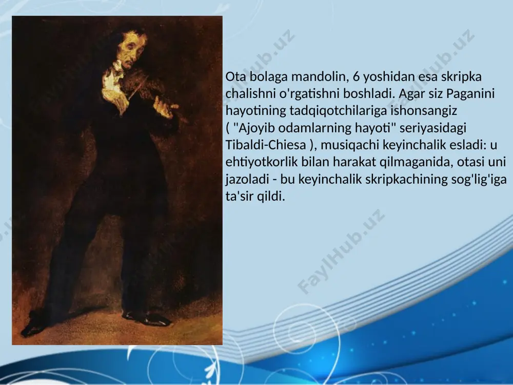 yil paganini nomi ma'lum bir sir bilan o'ralgan edi, u o'zining o'ynashining ba'zi g'ayrioddiy sirlari haqida gapirib berdi, u faqat faoliyatining oxirida ommaga e'lon qildi. paganinining hayoti davomida uning juda kam asarlari nashr etilgan, uni zamondoshlari muallifning o'z mahoratining ko'plab sirlarini ochishdan qo'rqish bilan izohlashgan. paganini shaxsiyatining sirli va g'ayrioddiyligi uning xurofoti va ateizmi haqida taxminlarga sabab bo'ldi. feliks mendelson 1809-1847 yillar f.mendelsonning mashhur nemis pianinochisi ignazga yozgan maktubidan moscheles : "paganini berlinda. u shanba kuni bu yerda so‘nggi konsertini beradi, so‘ng to‘g‘ridan-to‘g‘ri londonga yo‘l oladi, men ishonamanki, u katta muvaffaqiyatga erishadi, chunki uning mukammal san’ati inson tushunchasidan tashqarida. uning ishlashini sizga tasvirlab berishimni kutsangiz, juda ko'p so'rayapsiz. maktubda to'liq tahlil qilish va uning o'ynash taassurotlari haqida gapirishning iloji yo'q, u juda o'ziga xos va betakrordir . paganini haqida zamondoshlar robert shumann 1810-1856 yillar paganini haqida zamondoshlar “pasxa yakshanbasi. kechqurun - paganini! bu zavq emasmi! uning qo'llari ostida eng quruq …