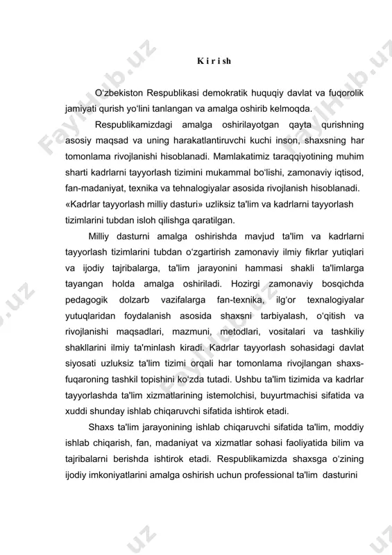 ok etadi. shaxs ta'lim jarayonining ishlab chiqaruvchi sifatida ta'lim, moddiy ishlab chiqarish, fan, madaniyat va xizmatlar sohasi faoliyatida bilim va tajribalarni berishda ishtirok etadi. respublikamizda shaxsga o‘zining ijodiy imkoniyatlarini amalga oshirish uchun professional ta'lim dasturini tanlash huquqini bergan. «kadrlar tayyorlash milliy dasturi» asosida oliy ta'limning asosiy vazifalari belgilab berilgan. oliy ta'limning eng muhim vazifalaridan biri zamonaviy o‘quv dasturlari asosida yuqori saviyada o‘qitish va malakali kadrlar tayyorlashni ta'minlash hisoblanadi. oliy ta'limni islox qilishning hozirgi bosqichi oliy ta'lim maktabi o‘qituvchisining vazifasini ham o‘zgartiradi. o‘zbekiston respublikasi davlat mustaqilligiga erishib, iqtisodiy va ijtimoiy rivojlanishning o‘ziga xos yo‘lini tanlashi kadrlar tayyorlash tuzilmasi va mazmanini qayta tashkil etishni zarur qilib qo‘ydi va qator chora-tadbirlar ko‘rishni: «ta'lim to‘g‘risida» gi qonunni joriy etishni, yangi o‘quv rejalari, dasturlari, darsliklarini joriy etishning zamonaviy didaktik ta'minotini ishlab chiqishni, o‘quv yurtlarini attestatsiyadan o‘tkazishni va akkreditatsiyalashni, yangi tipdagi ta'lim muassasalarini tashkil etishni taqazo etdi. mana shunday fan-texnika taraqqiyoti davrida matematika sohasida ham, xususan, …